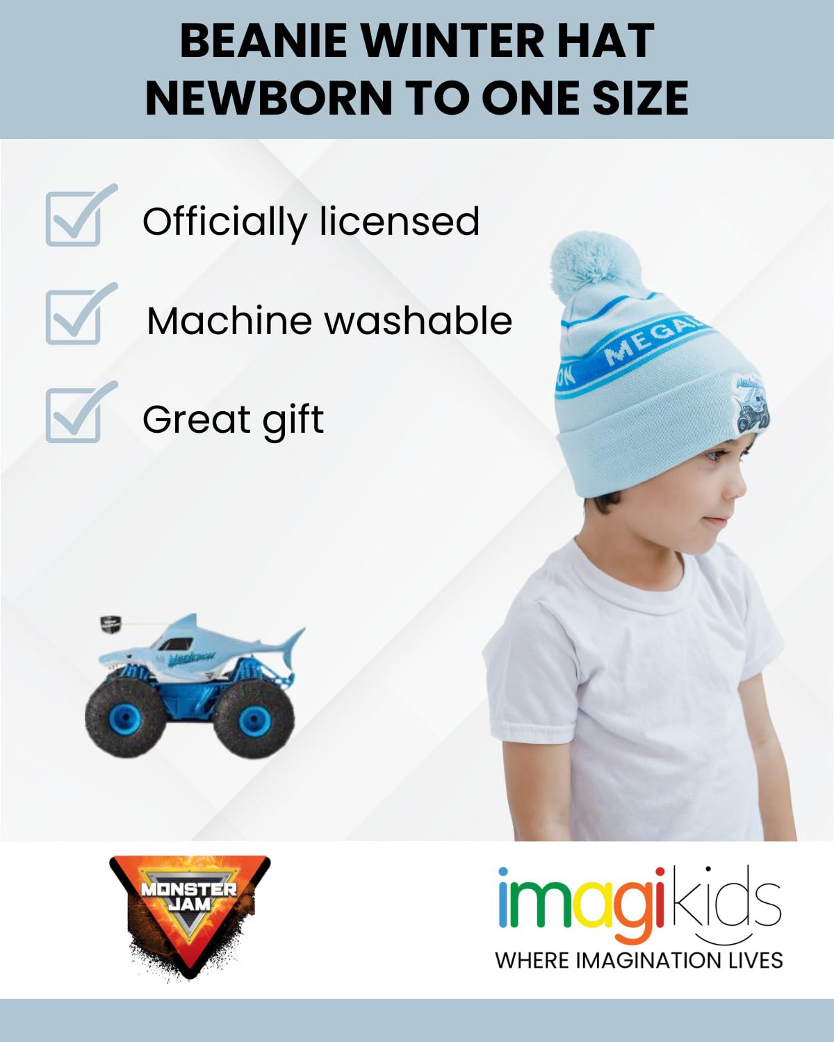 Foto 2 | Gorro De Invierno Beanie Monster Jam Megalodon Azul Celeste/blanco - Venta Internacional.