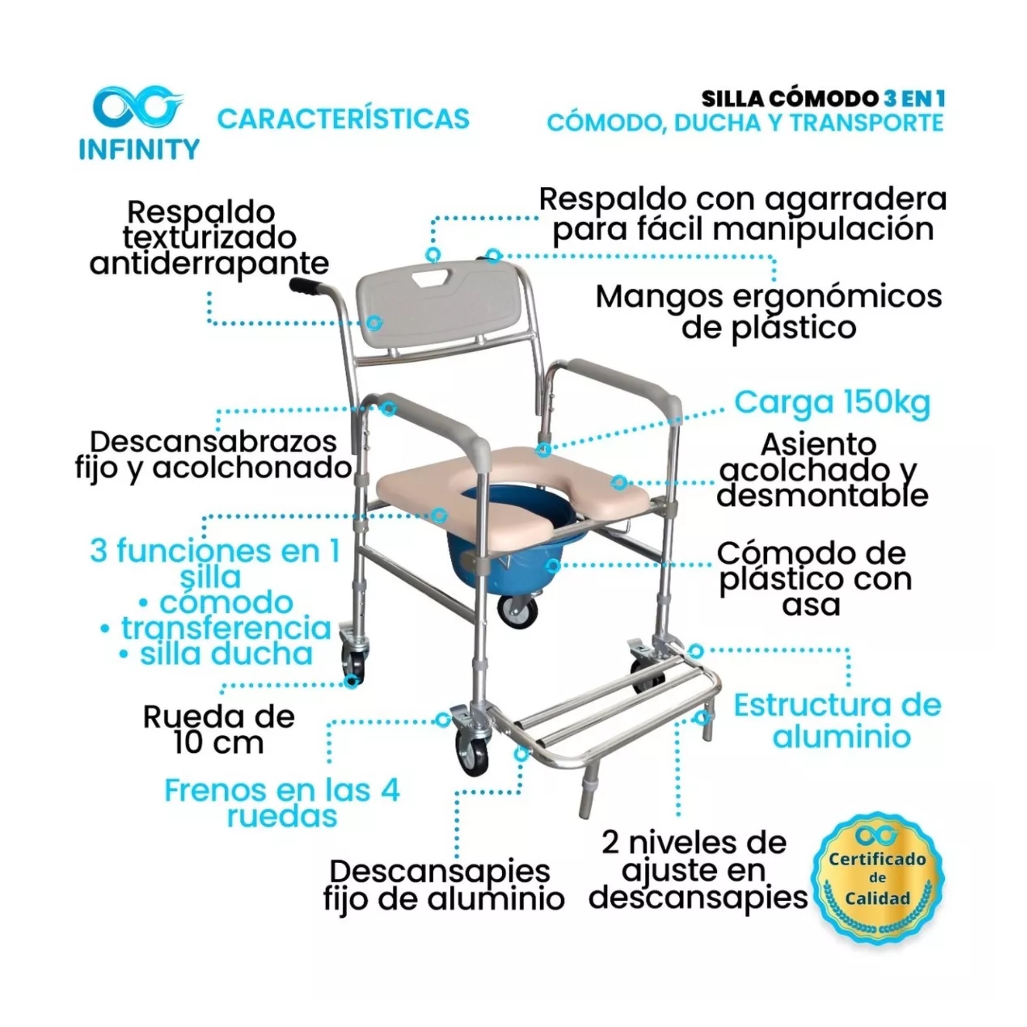 Foto 3 | Silla Cómodo Con Ruedas Rider 3 En 1 Cómodo/ Silla/ Transporte