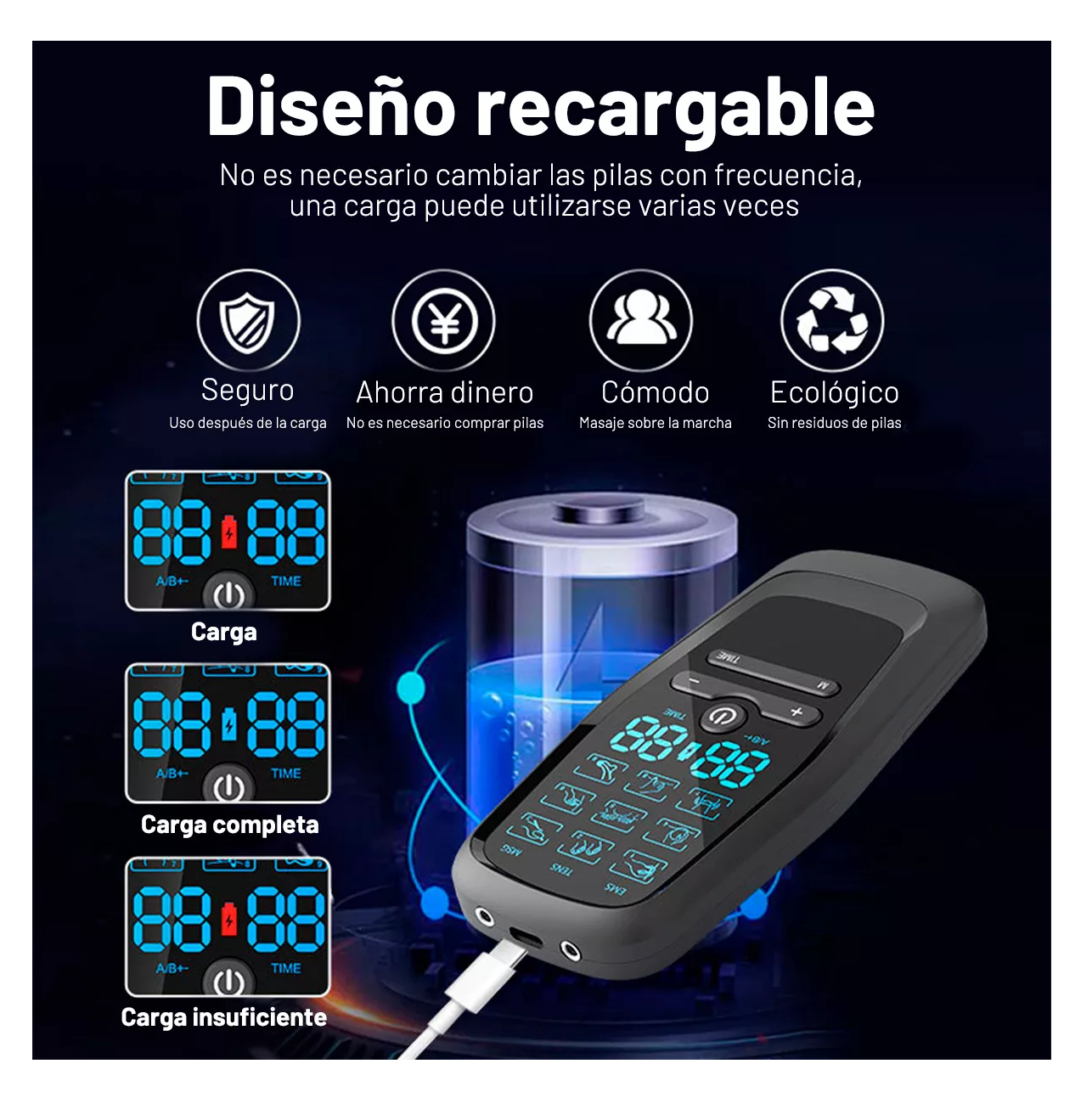 Foto 4 pulgar | Electroestimulador Muscular Pulso Recargable 9 Modos Negro