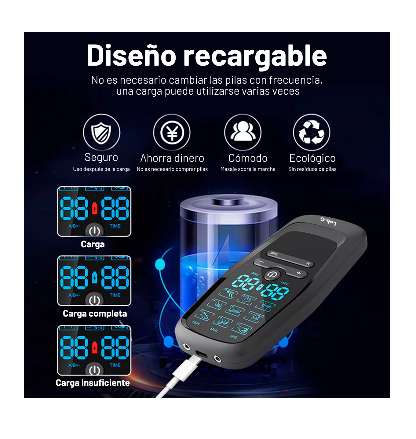 Foto 4 pulgar | Electroestimulador Muscular Pulso Recargable 9 Modos Negro