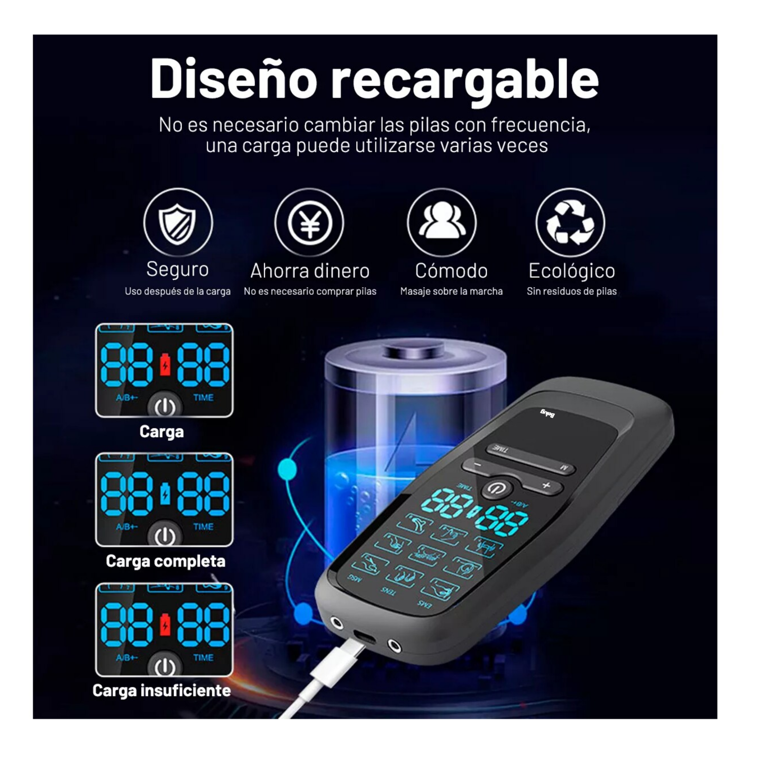 Foto 3 | Electroestimulador Muscular Belug Pulso Recargable 9 Modos Negro