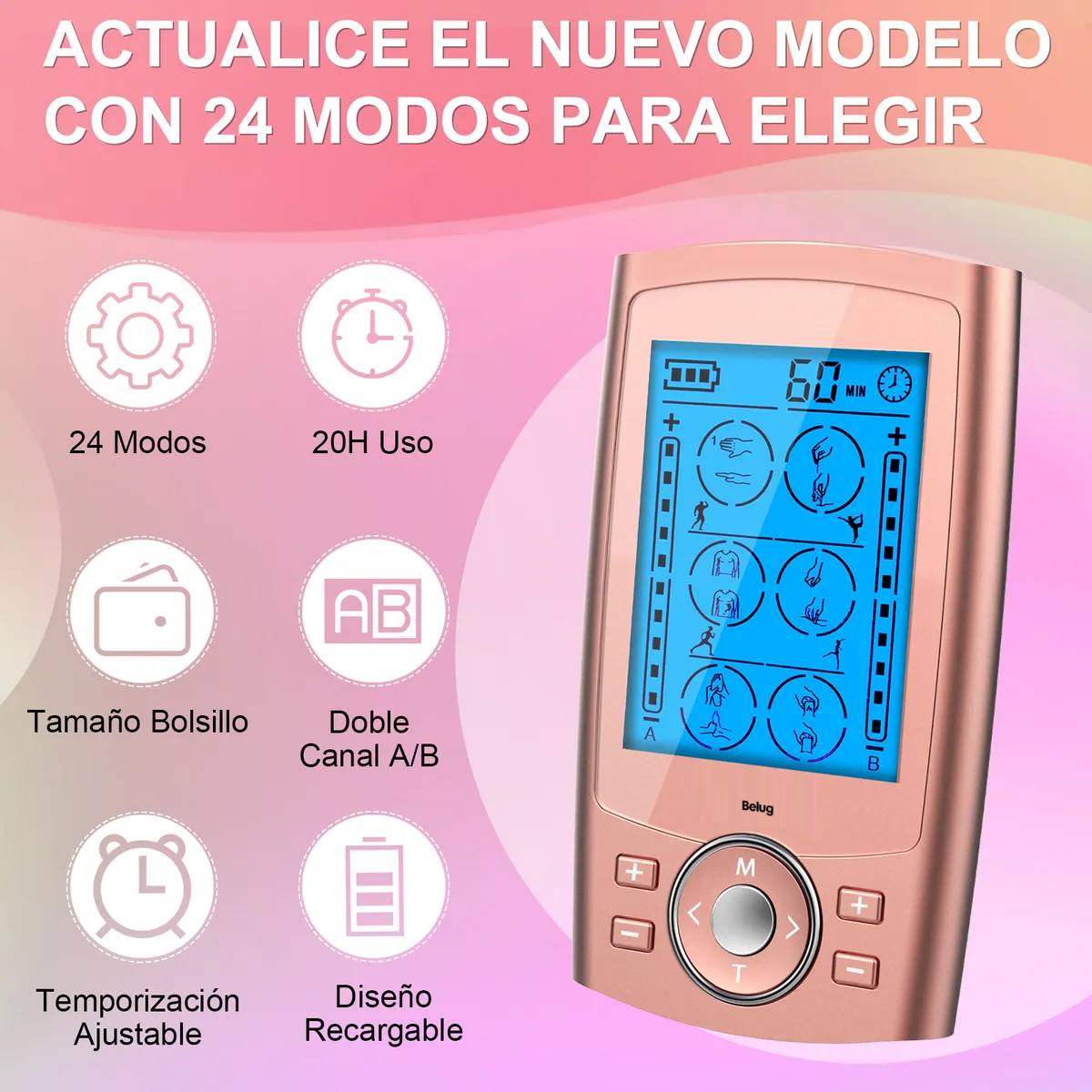 Foto 4 pulgar | Electroestimulador Belug Muscular Recargable 24 Modos Rosa