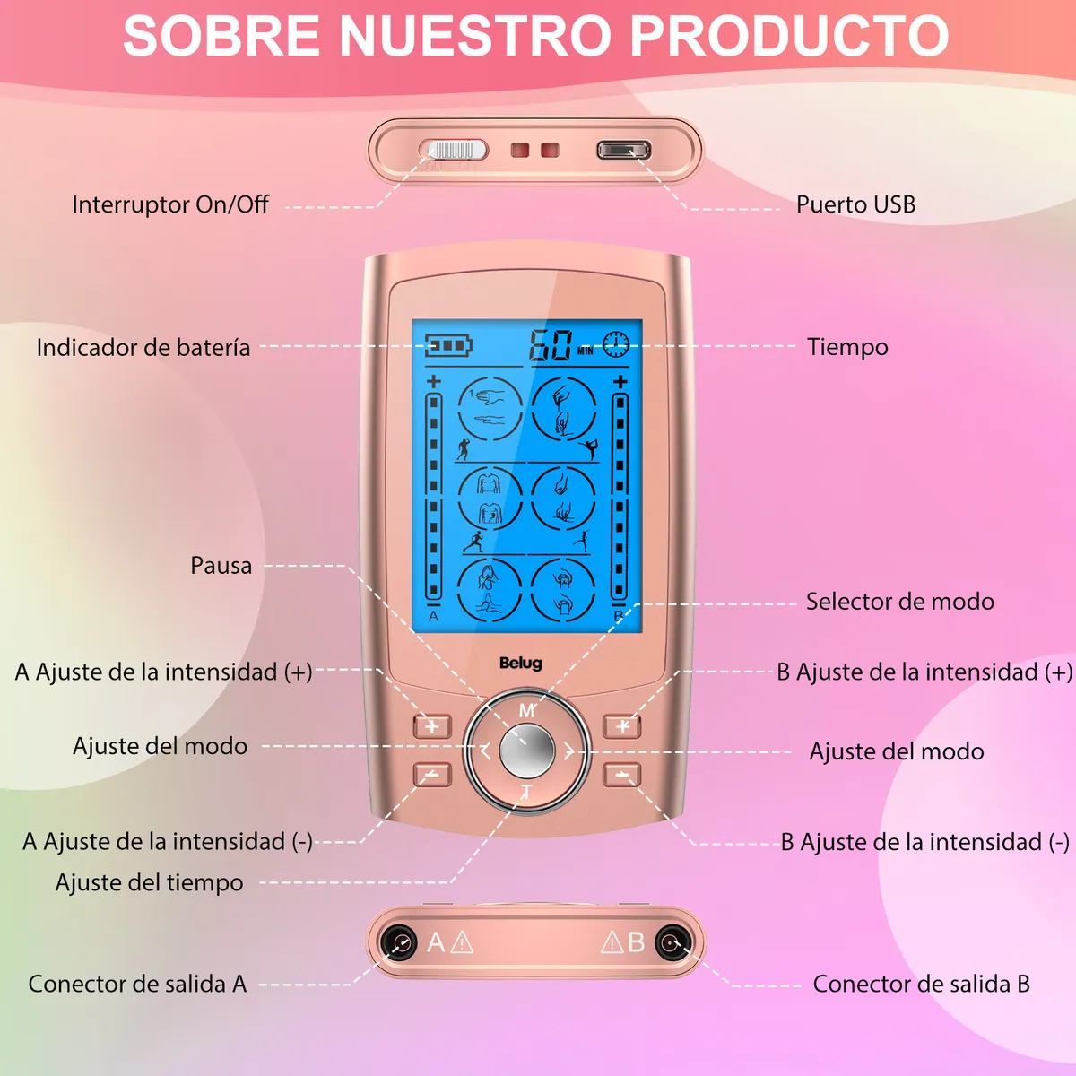 Foto 5 pulgar | Electroestimulador Belug Muscular Recargable 24 Modos Rosa