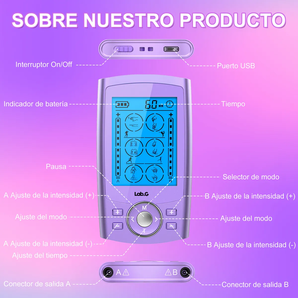 Foto 5 pulgar | Electroestimulador Lab.g Muscular Recargable 24 Modos Morado