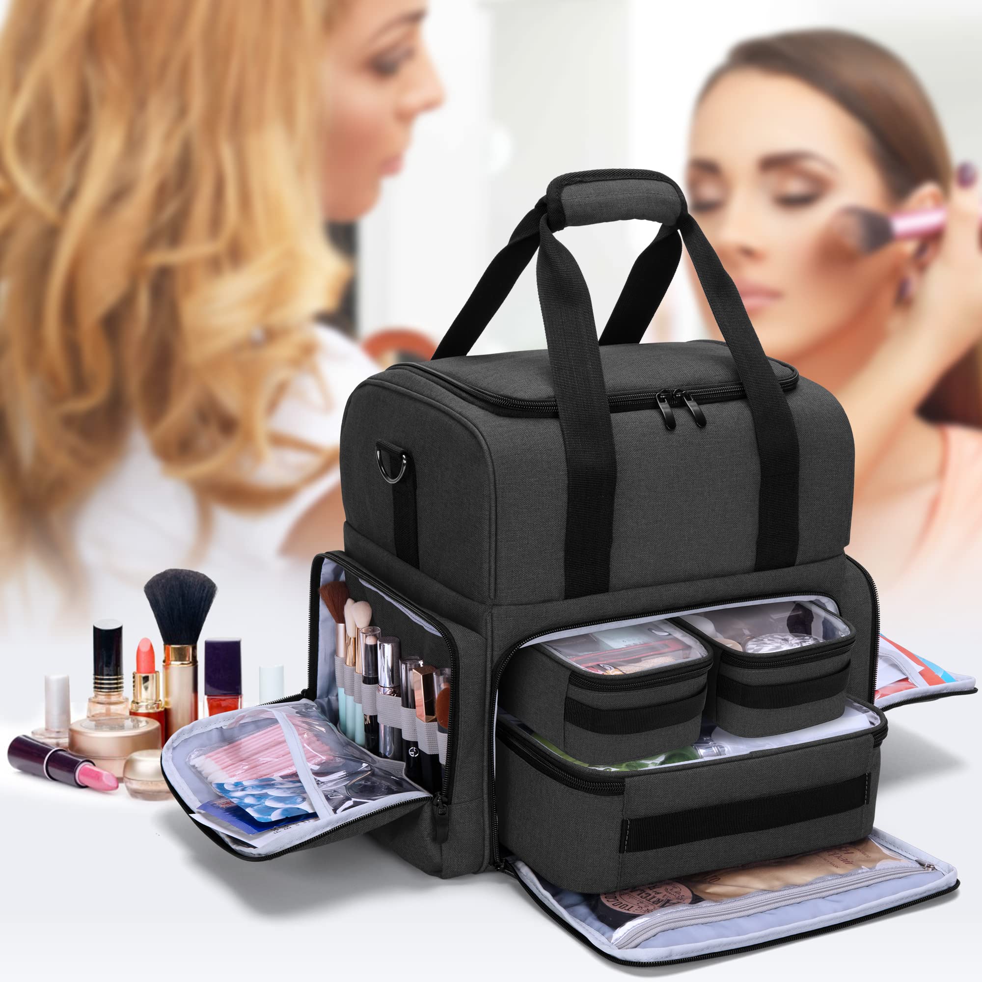 Foto 8 pulgar | Bolsa de Maquillaje de Viaje Bafaso de 2 Capas con 3 Bolsas de Nailon Negro - Venta Internacional