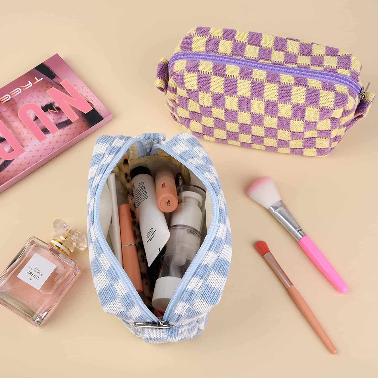 Foto 5 | Bolsa De Maquillaje Clackibukvyz A Cuadros Morados Y Azules De 2 Piezas - Venta Internacional.