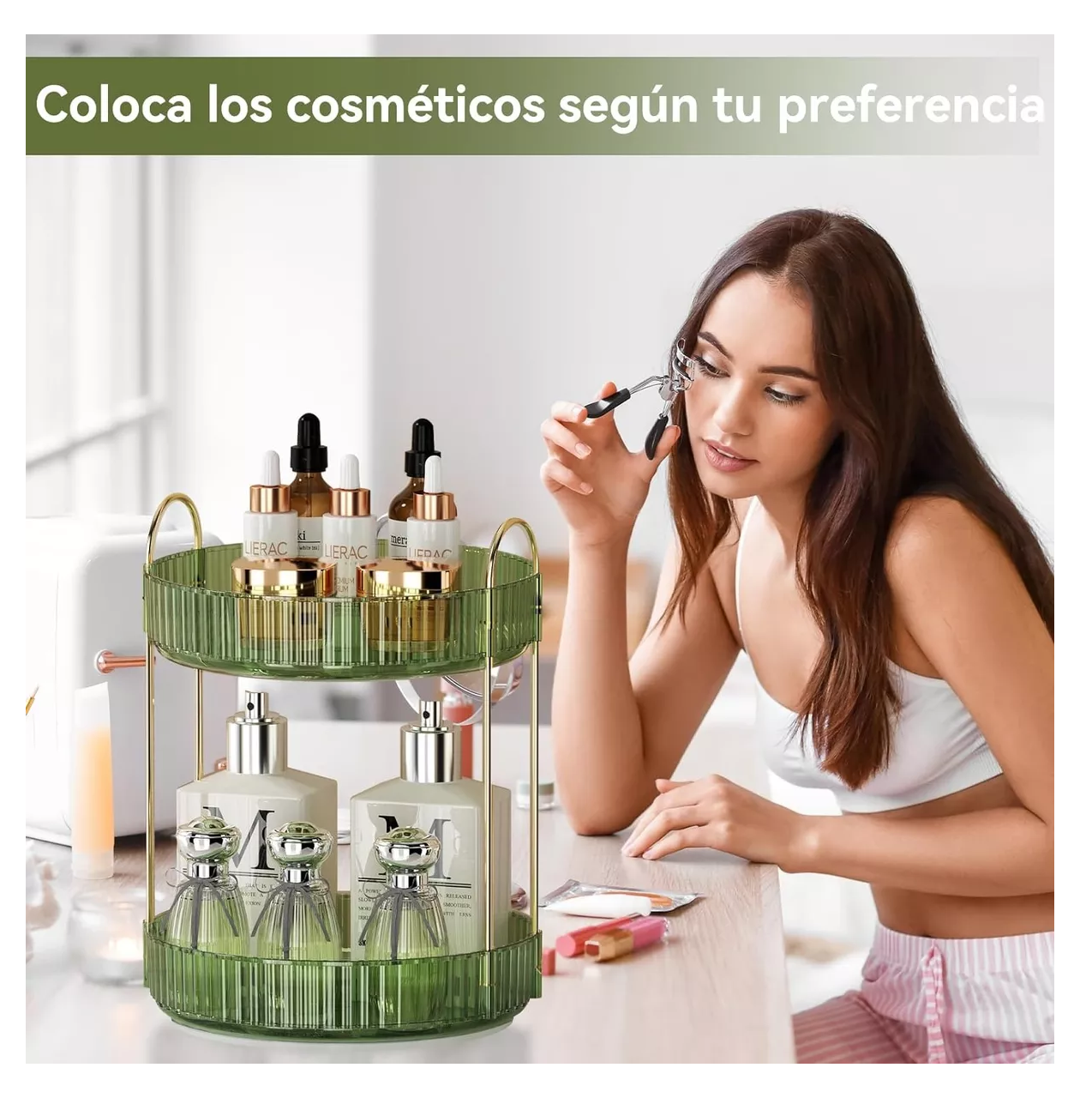 Foto 6 pulgar | Organizador De Maquillaje Cosméticos Rotación Acrílico 360° 2 Niveles Verde