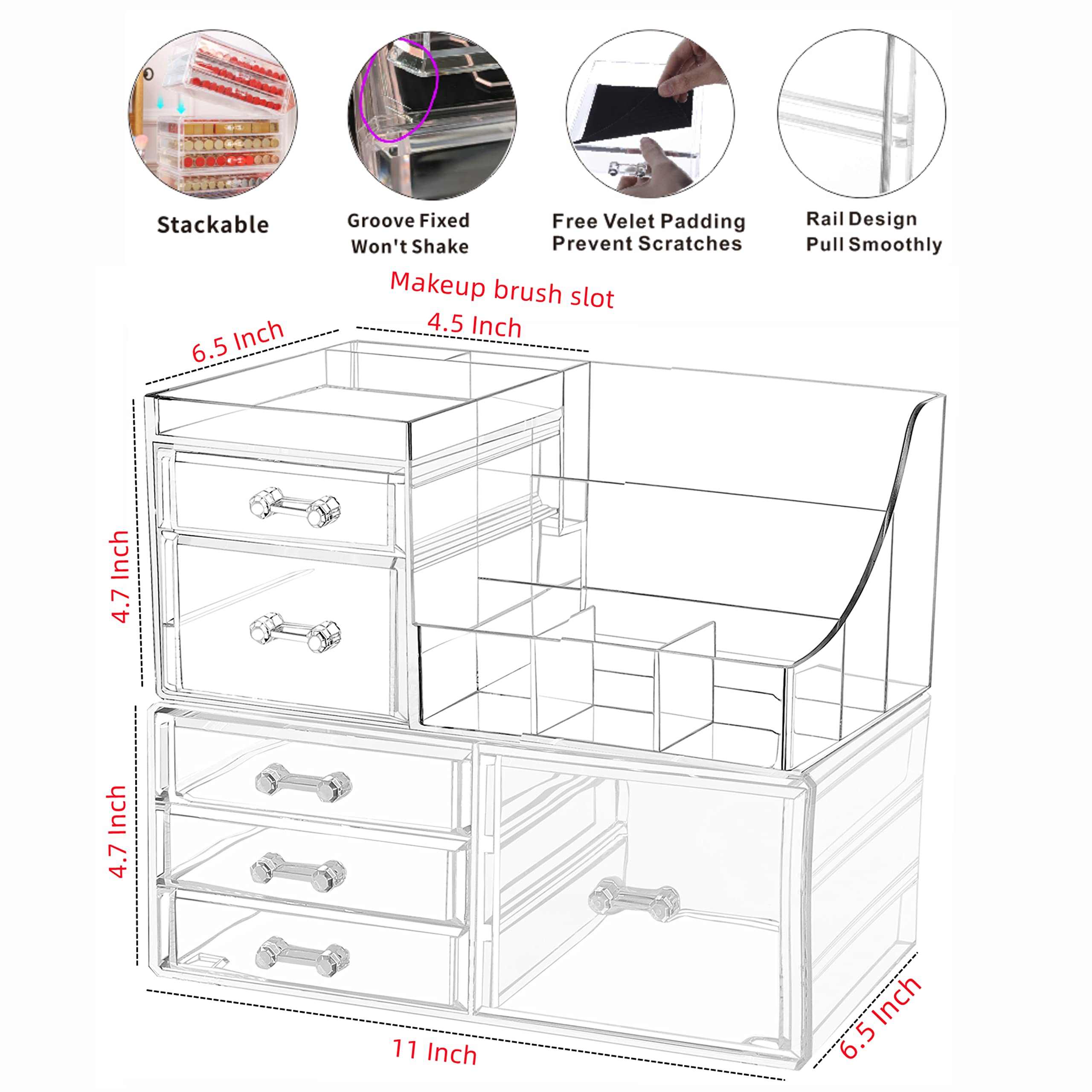 Foto 3 pulgar | Organizador De Maquillaje Cq Acrílico Transparente, Paquete De 2 Con 6 Cajones - Venta Internacional.