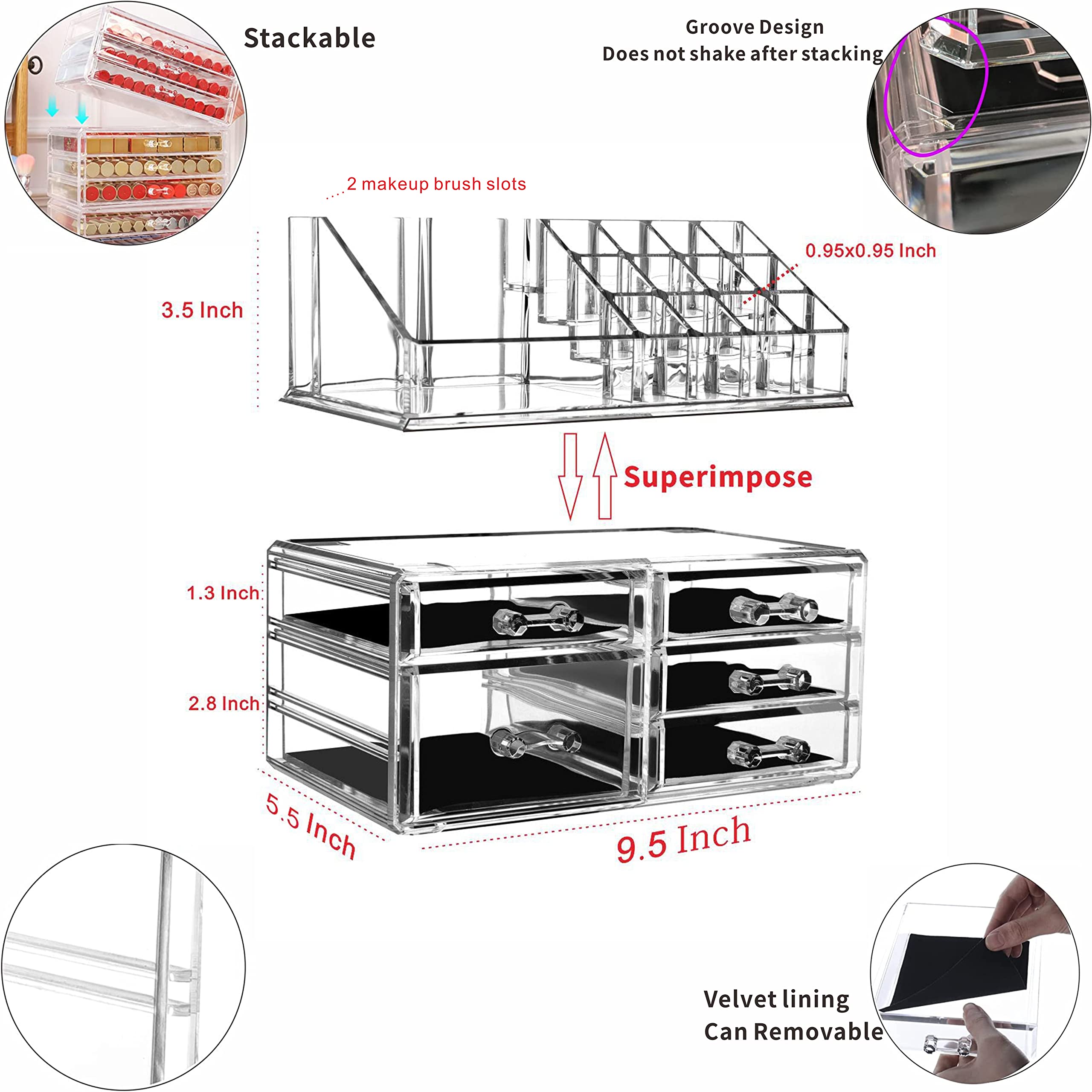 Foto 2 | Organizador De Maquillaje Cq Acrílico Transparente Con 5 Cajones (paquete De 2) - Venta Internacional.