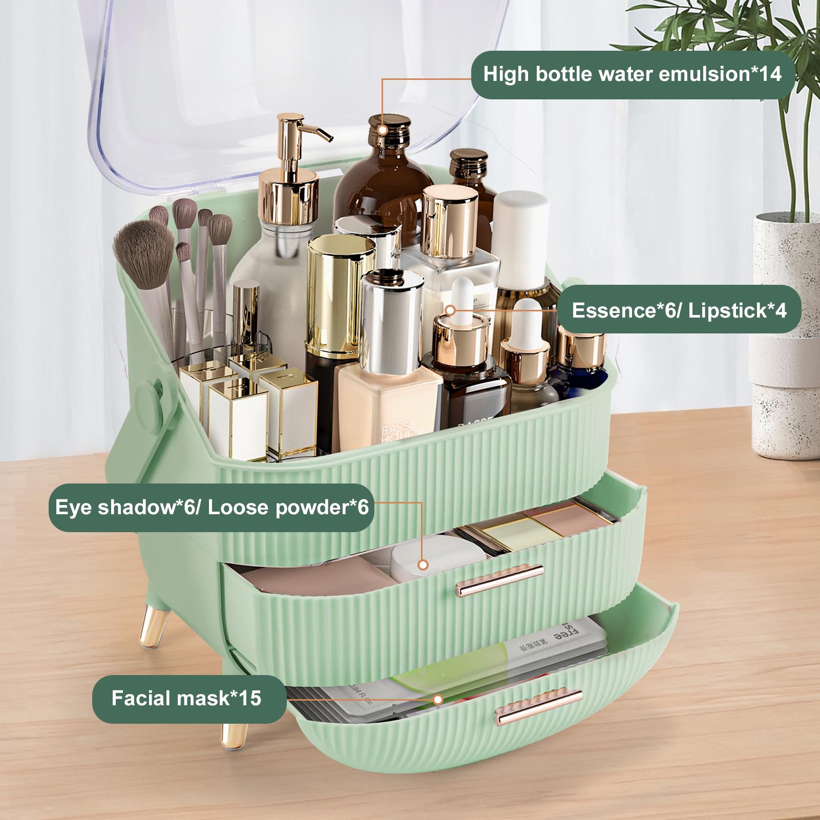 Foto 5 pulgar | Organizador De Maquillaje Ygjt Con Tapa Y Cajones, Color Verde Claro - Venta Internacional.