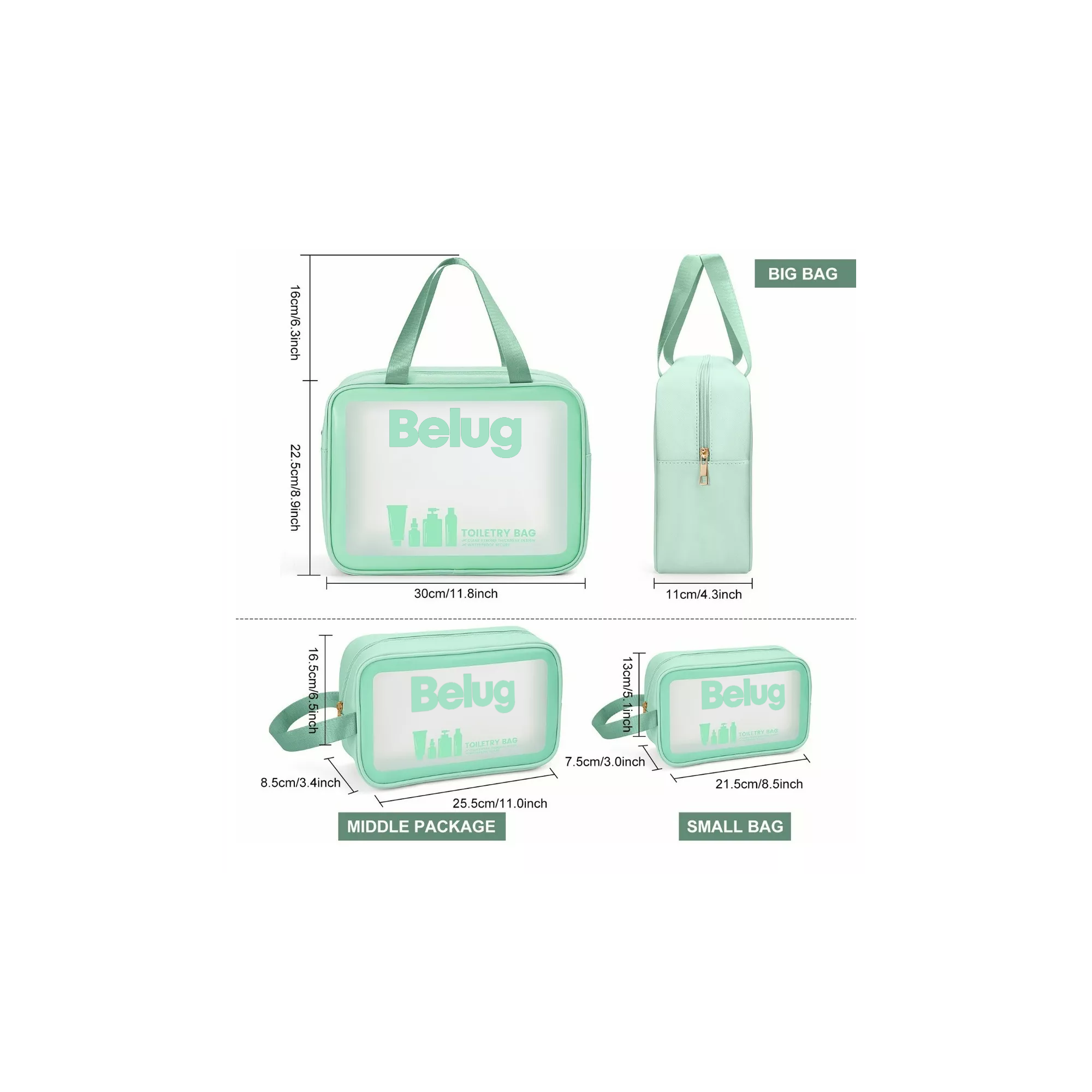 Foto 3 | Cosmetiqueras Belug De Diferentes Tamaños Verdes 3 Piezas