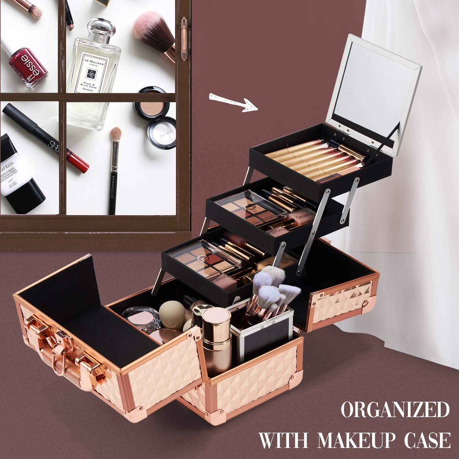 Foto 4 | Estuche para Cosméticos Joligrace con Espejo 3 Niveles Oro Rosa - Venta Internacional