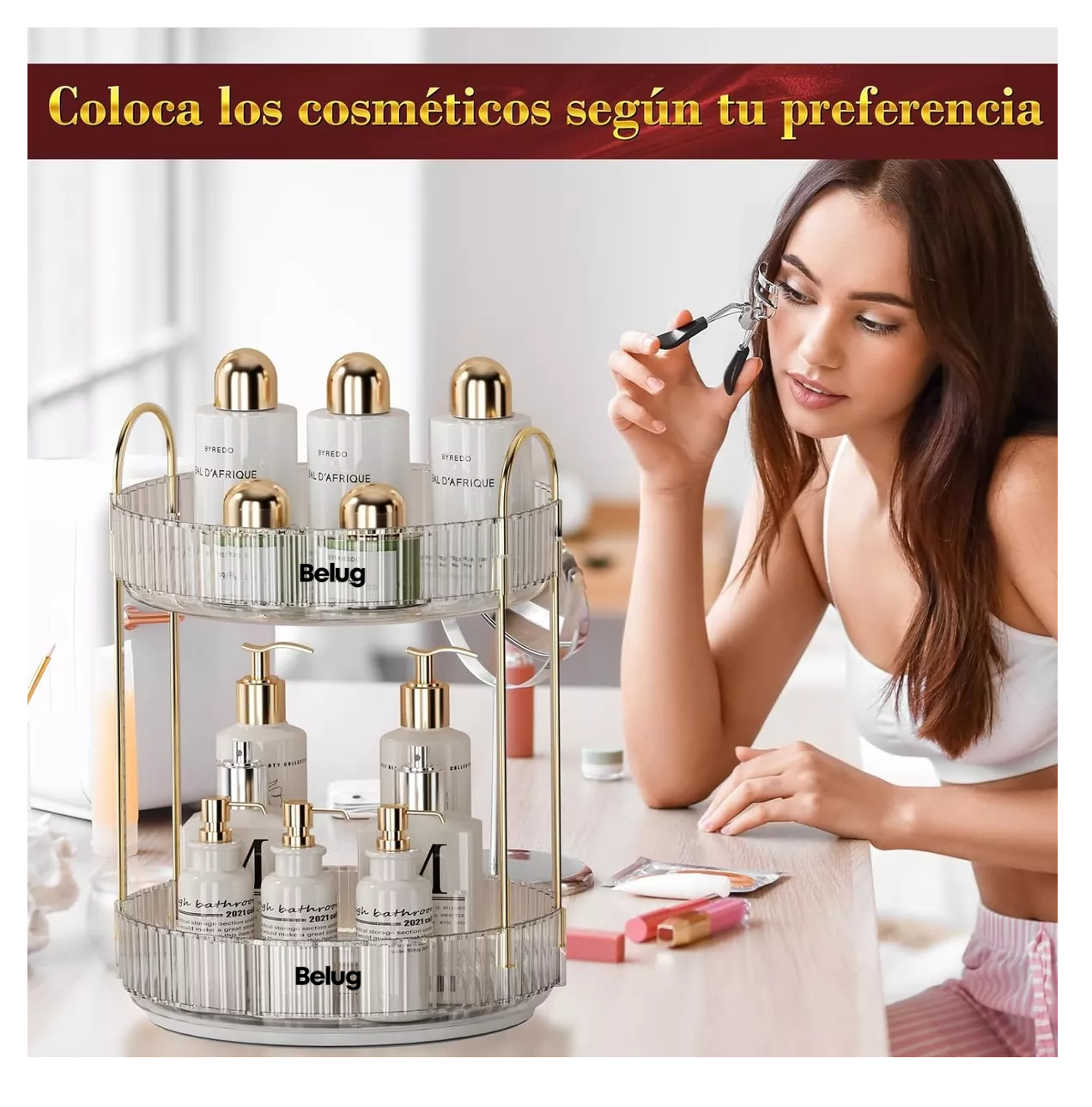 Foto 5 pulgar | Organizador De Maquillaje Cosméticos Rotación Acrílico 360° 2 Niveles Transparencia Belug