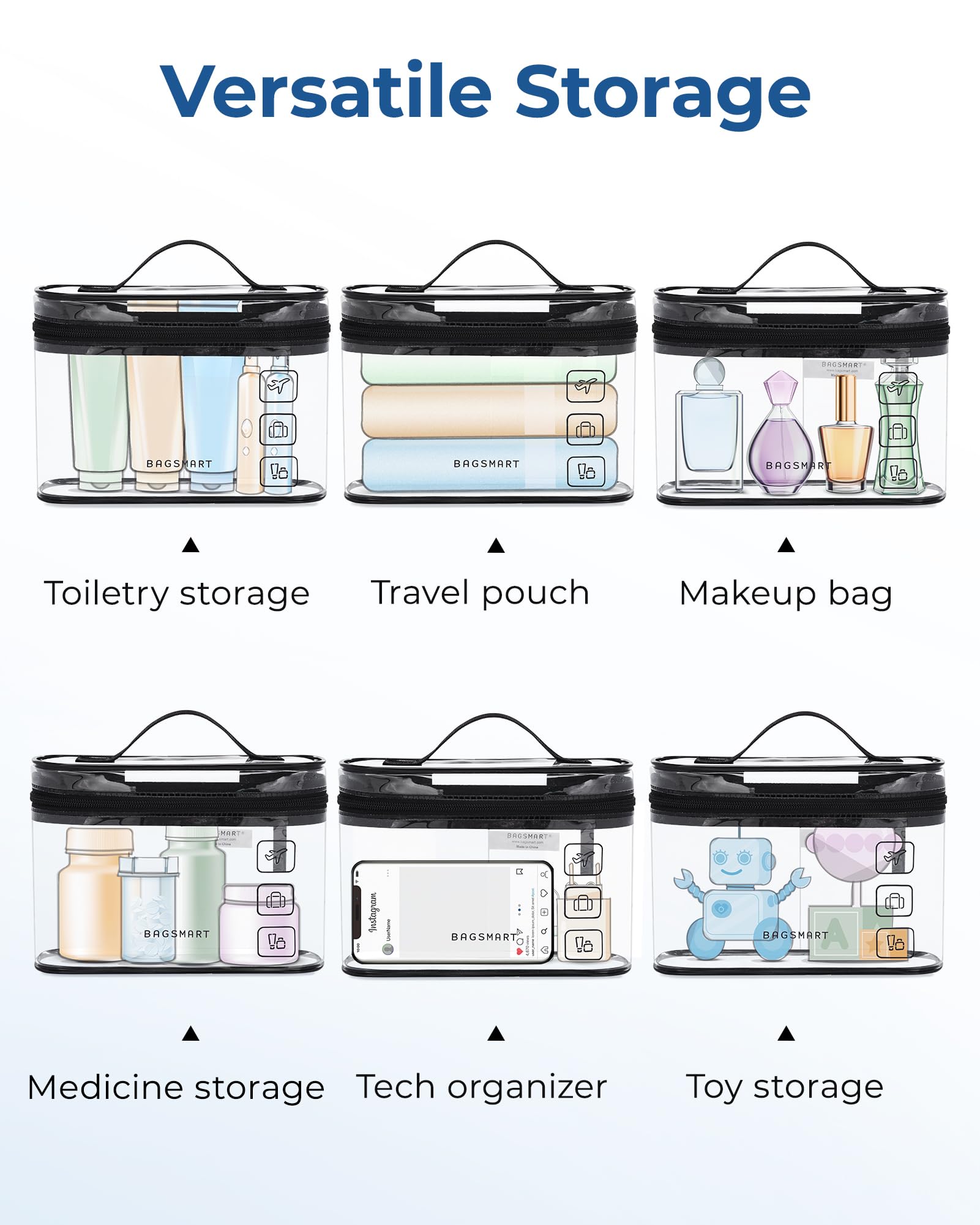 Foto 5 | Neceser Bagsmart Aprobado Por La Tsa, Paquete De 3 Unidades, Maquillaje Transparente, Negro - Venta Internacional.