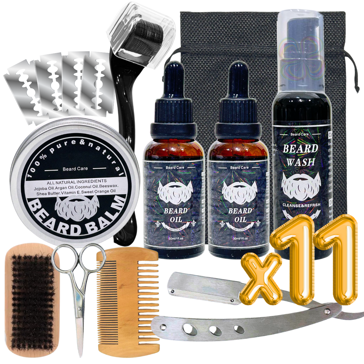 Kit Aseo Y Cuidado Barba Bigote Navaja Afeitado Hombre 11pcs