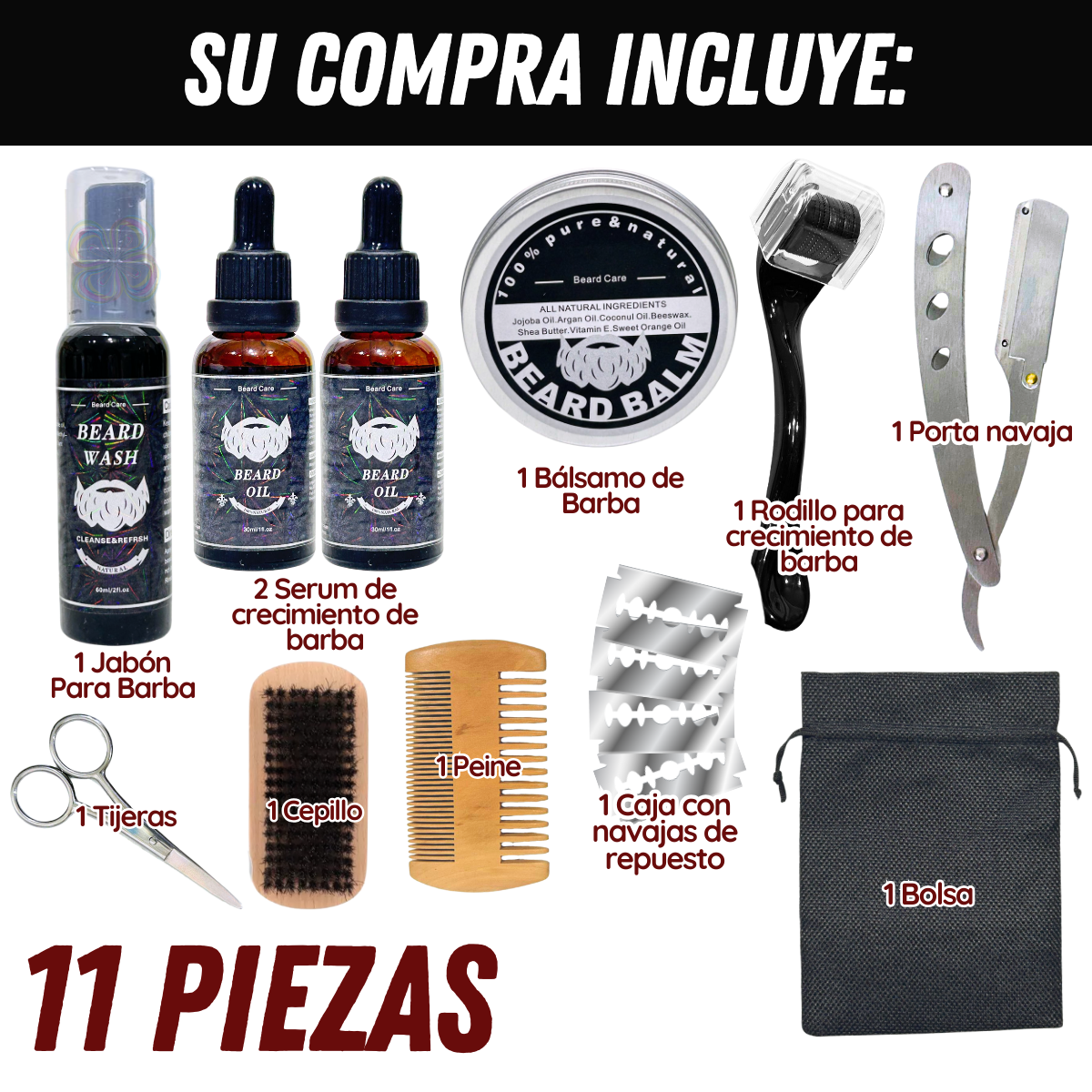 Foto 3 pulgar | Kit Aseo Y Cuidado Barba Bigote Navaja Afeitado Hombre 11pcs