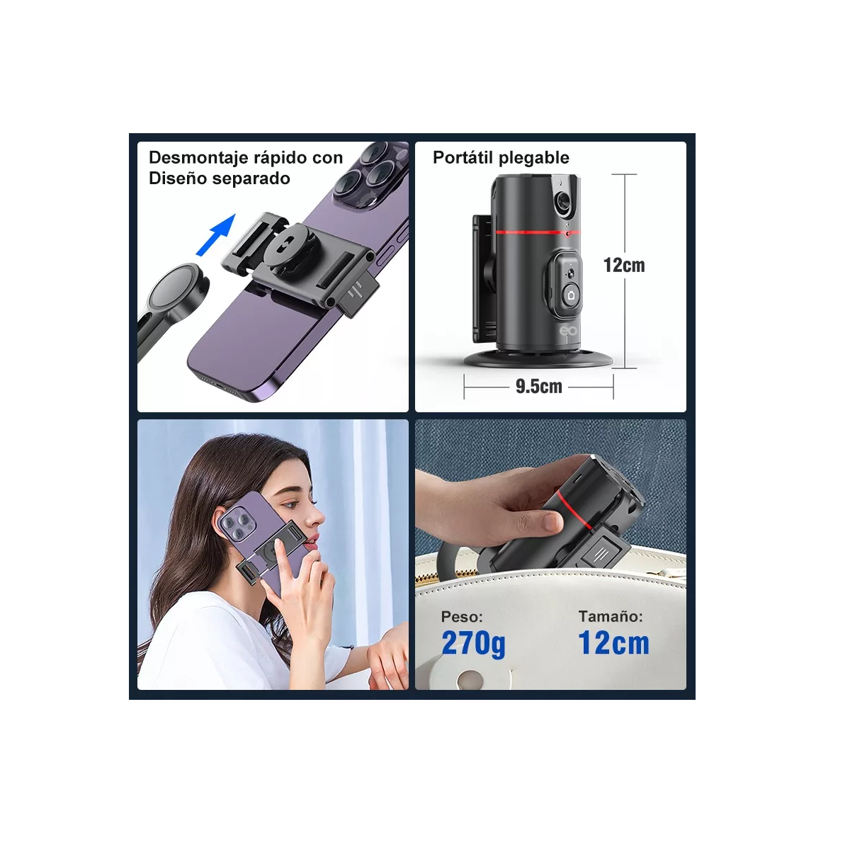 Foto 4 pulgar | Estabilizador De Celular Plegable Con Ai Selfie Video Eo Safe Imports Esi-9667-1 Negro