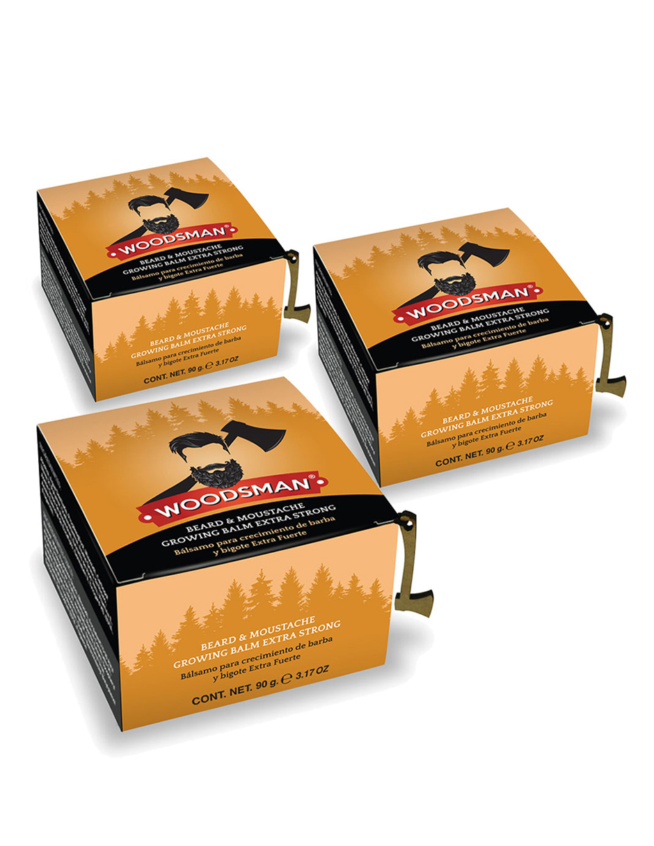 Bálsamo para Crecimiento de Barba y Bigote Woodsman Extra Fuerte 3 Piezas 90g