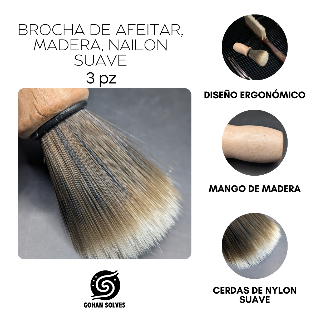 Foto 3 pulgar | Brocha De Afeitar, Madera, Nailon Suave, Profesional Barbero, 3pz
