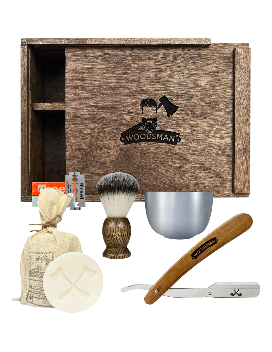 Kit de Afeitado Woodsman con Porta Navaja Plateada Brocha 5 Jabones Bowl de Acero en Caja de Madera