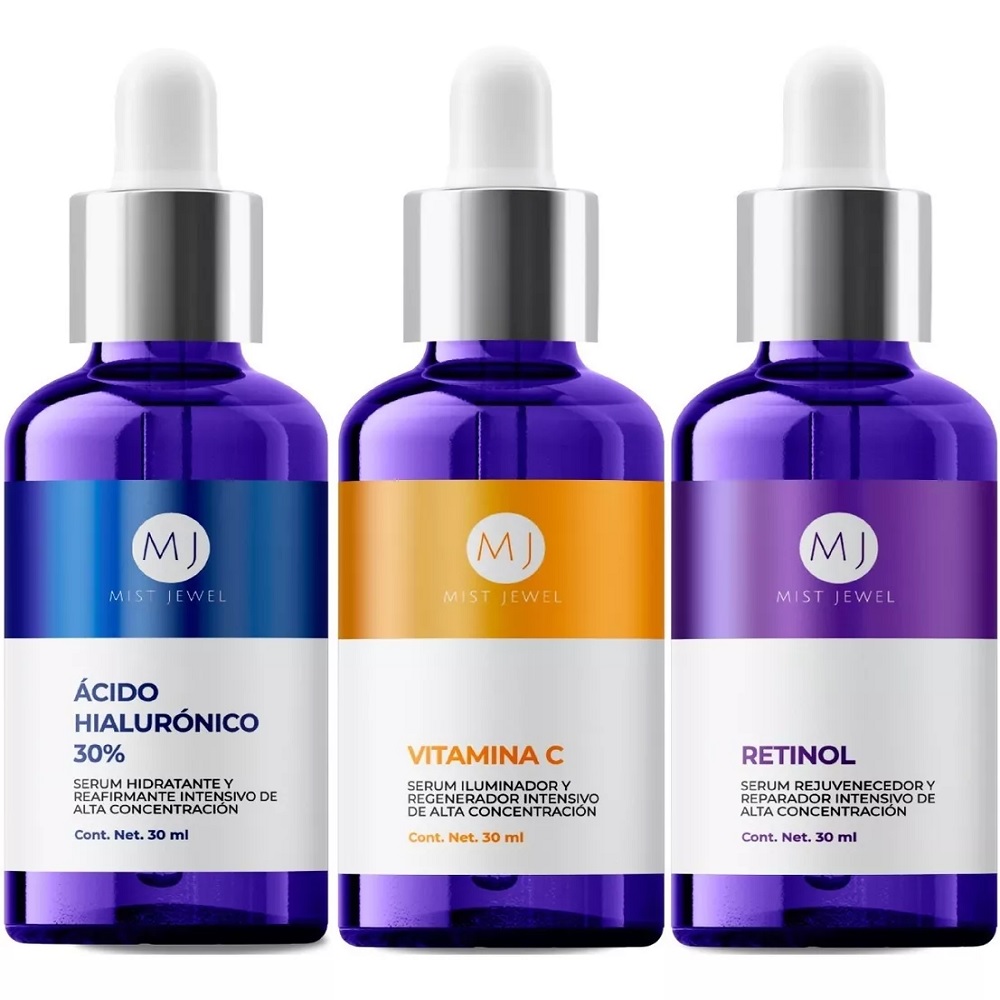 Kit Facial Con 3 Sueros Acido Hialurónico, Retinol, Vit C