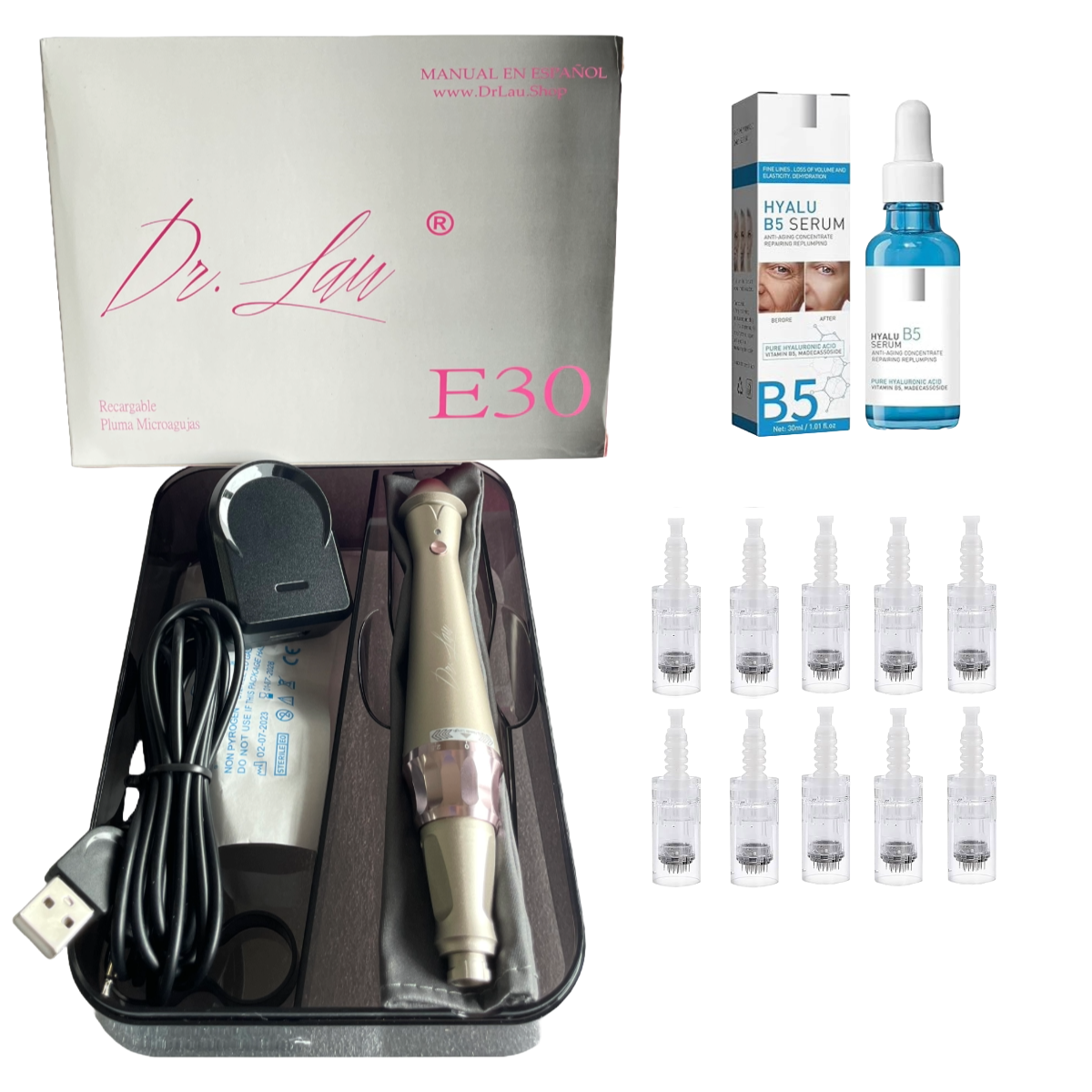 Pluma de Belleza Dr. Lau E30 con Suero Hyalu B5 y 10 Repuestos Mixtos