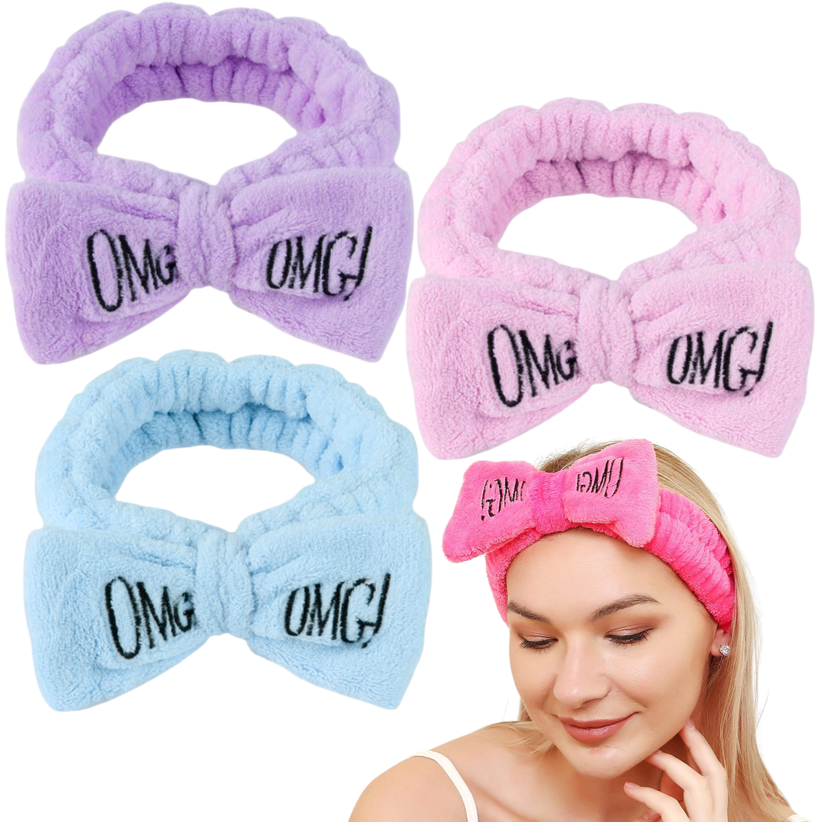 3 Diademas Para Spa Con Moño Omg Suave Peluche Banda Cabello