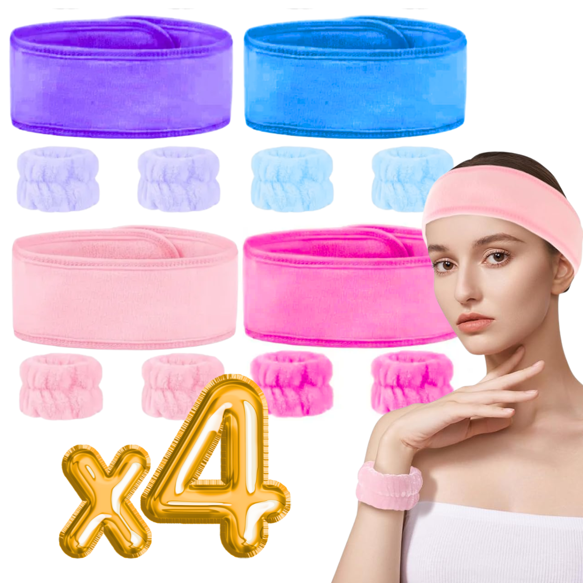 Foto 2 pulgar | 4 Set Banda Diadema Velcro De Spa Con Muñequeras Limpieza Facial