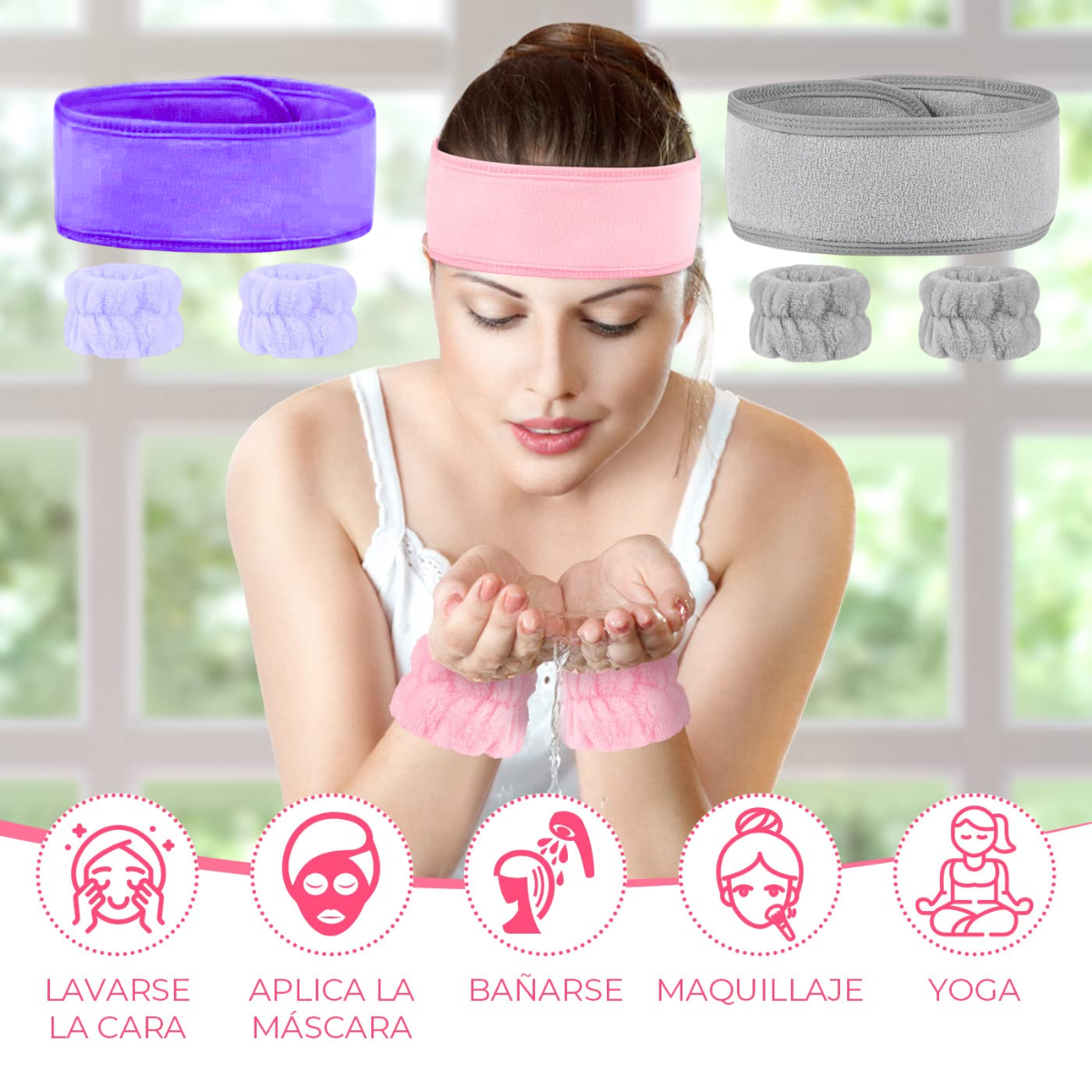 Foto 5 pulgar | 4 Set Banda Diadema Velcro De Spa Con Muñequeras Limpieza Facial