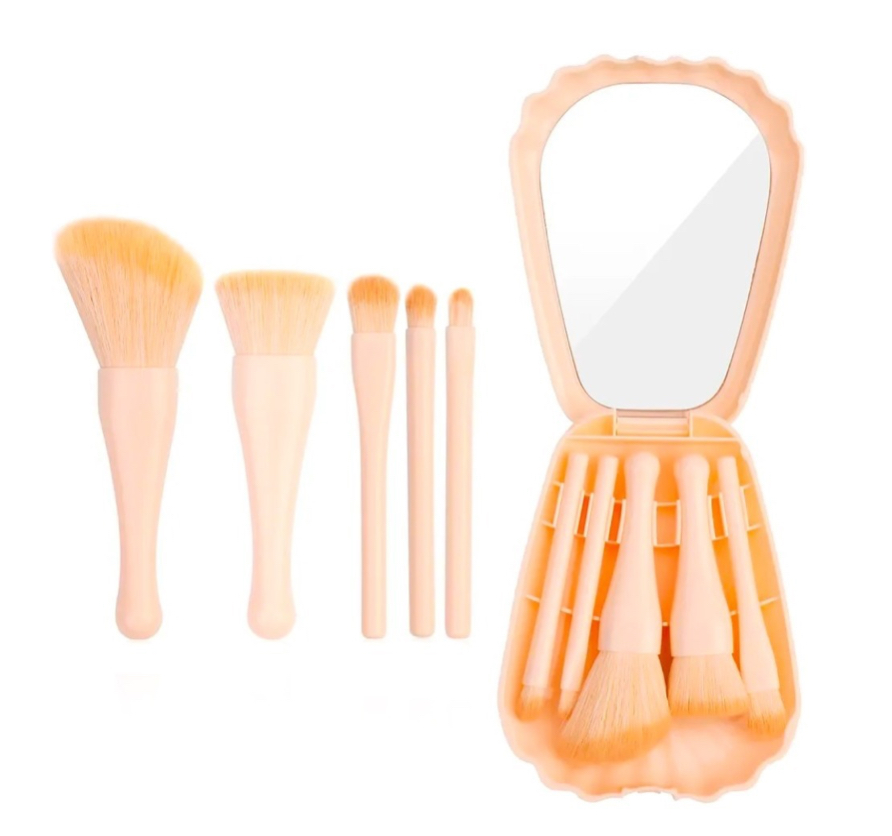 Set de Brochas para Maquillaje con Espejo Estuche Concha Funbu color Rosa 6 Piezas