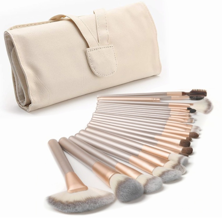 Juego de 24 Brochas Pincel de Maquillaje Profesional + Bolsa Beige