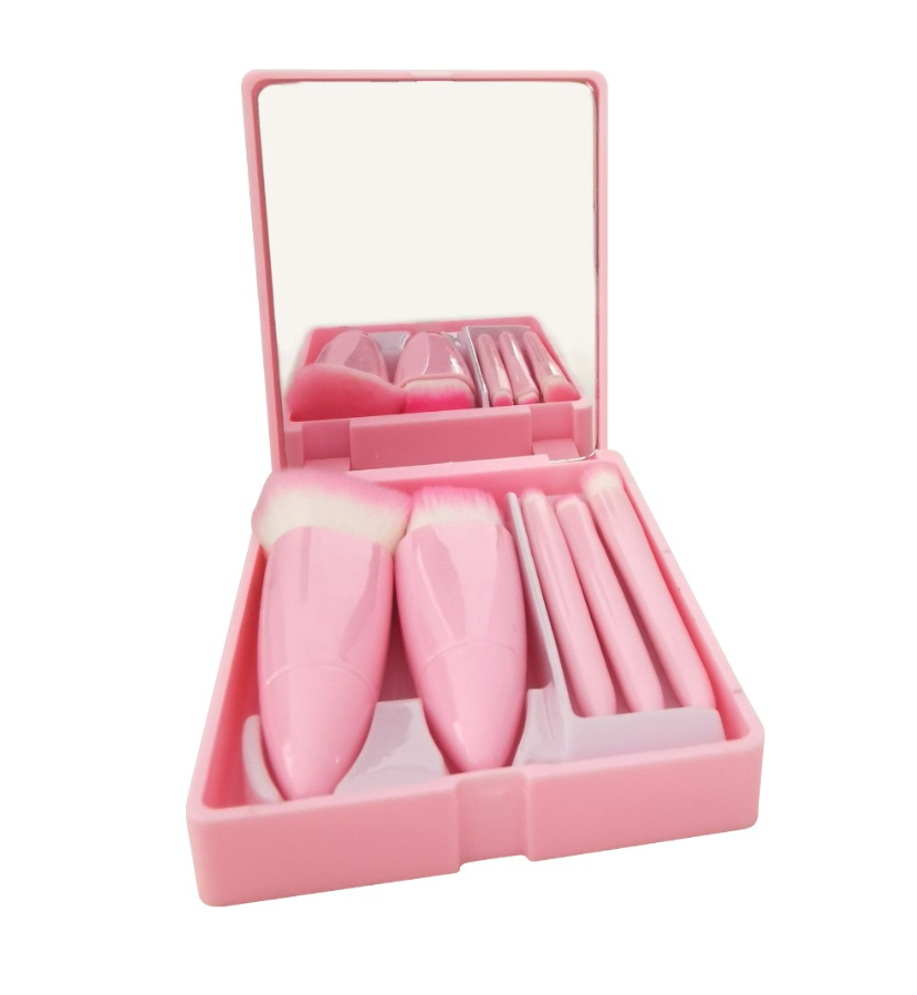 Set Juego de Brochas de Maquillaje con Espejo y Estuche Mini Rosa