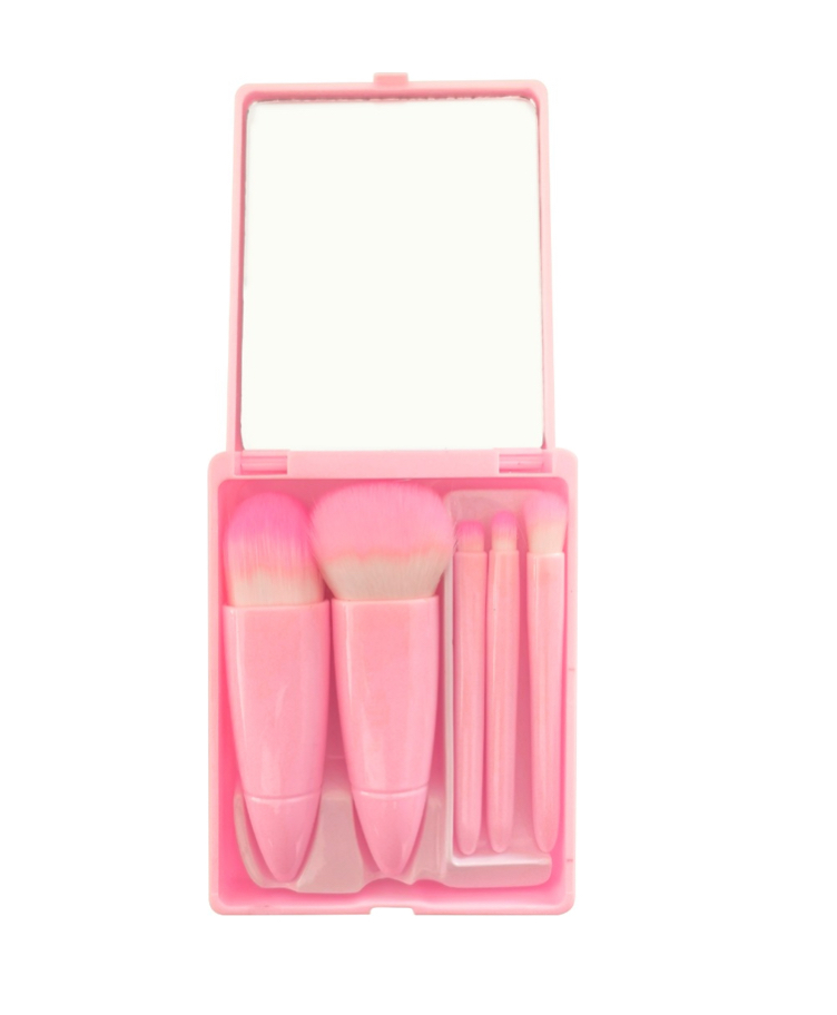 Foto 4 pulgar | Set Juego de Brochas de Maquillaje con Espejo y Estuche Mini Rosa