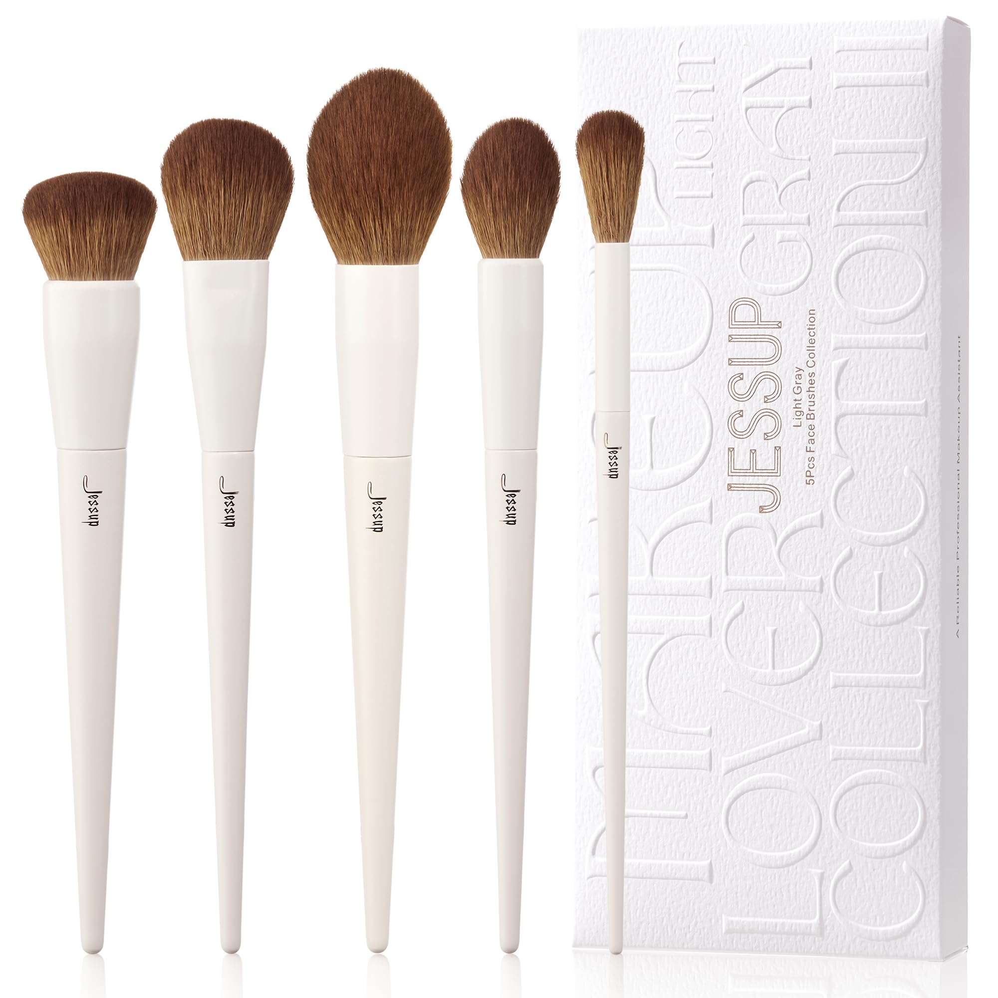 Juego De Brochas De Maquillaje Jessup, 5 Piezas, Cepillos Faciales Veganos, Gris Claro - Venta Internacional.