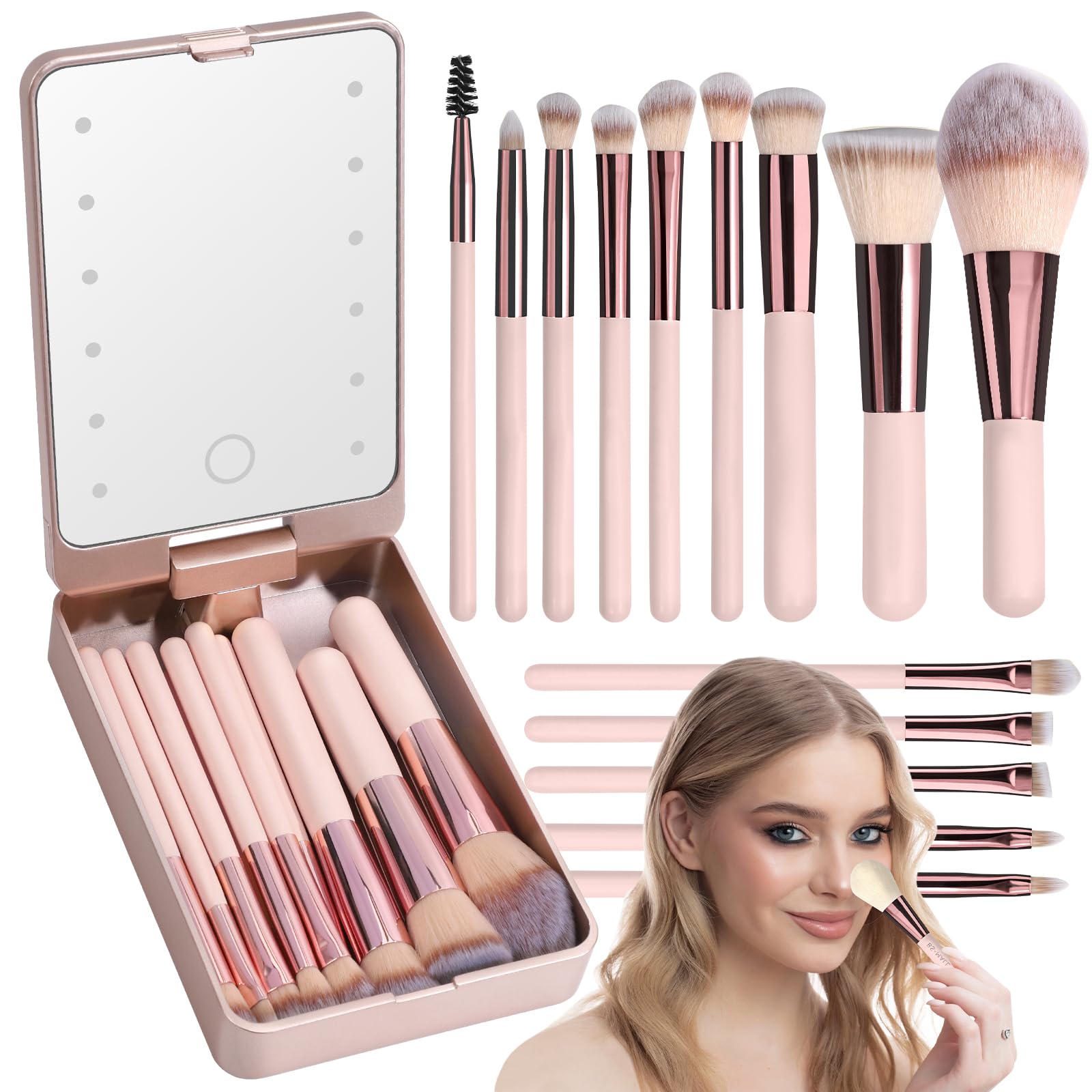 Juego De Brochas De Maquillaje Kpx Professional Con Espejo Led, 14 Piezas, Oro Rosa - Venta Internacional. $799