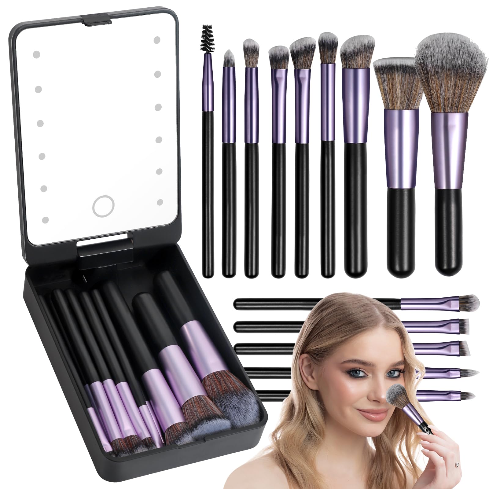 Foto 2 pulgar | Juego De Brochas De Maquillaje Kpx Professional Con Espejo Led, 14 Piezas, Color Morado - Venta Internacional.