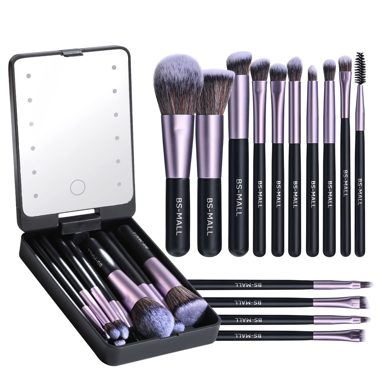 Set De Brochas De Maquillaje Bs-mall Travel Con Espejo Led, 14 Unidades, Color Morado - Venta Internacional.