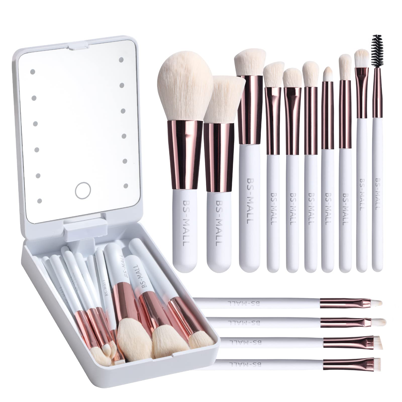 Set De Brochas De Maquillaje Bs-mall Travel Con Espejo Con Luz Led, 14 Unidades - Venta Internacional.