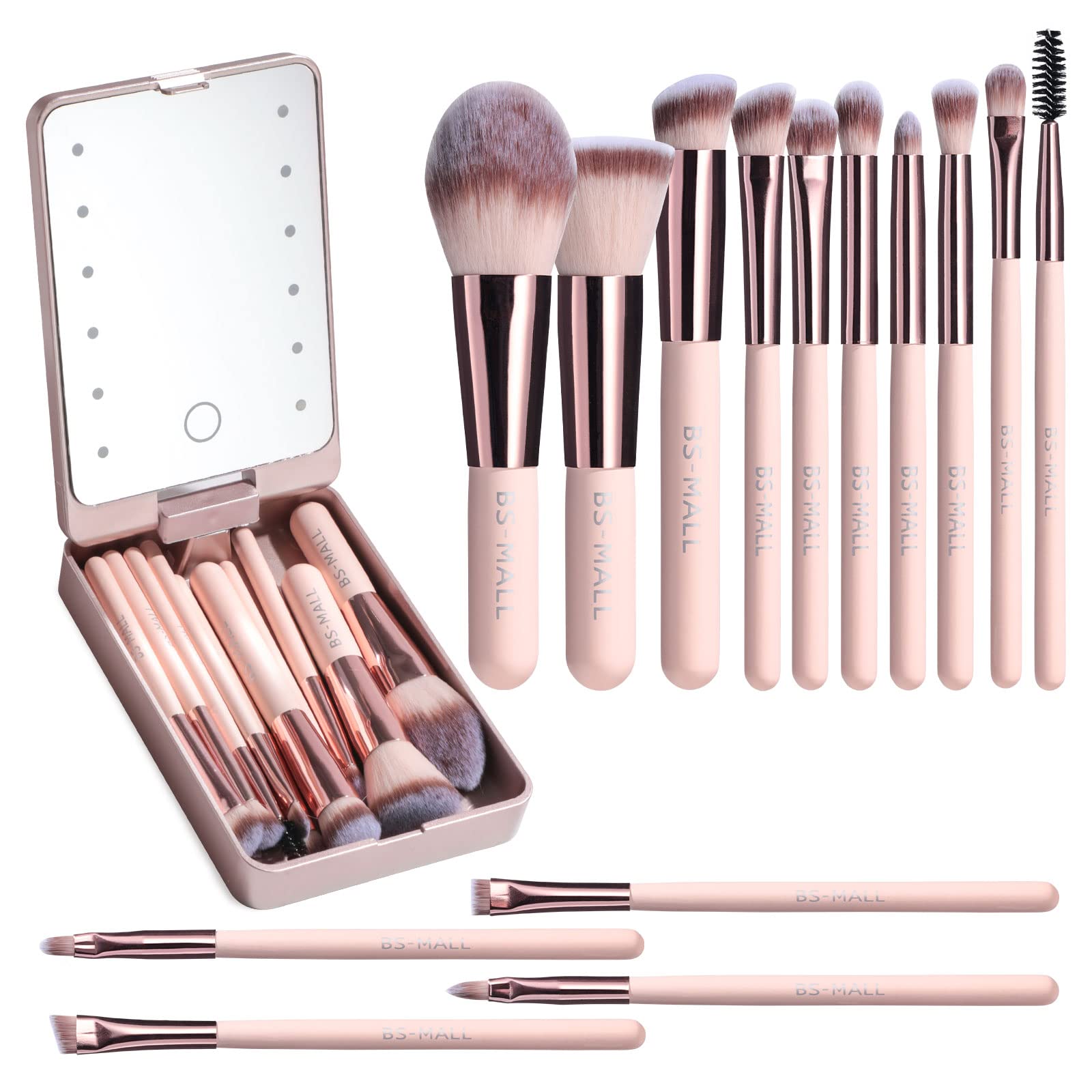 Set De Brochas De Maquillaje Bs-mall Travel Con Espejo Led, 14 Unidades Apink - Venta Internacional.