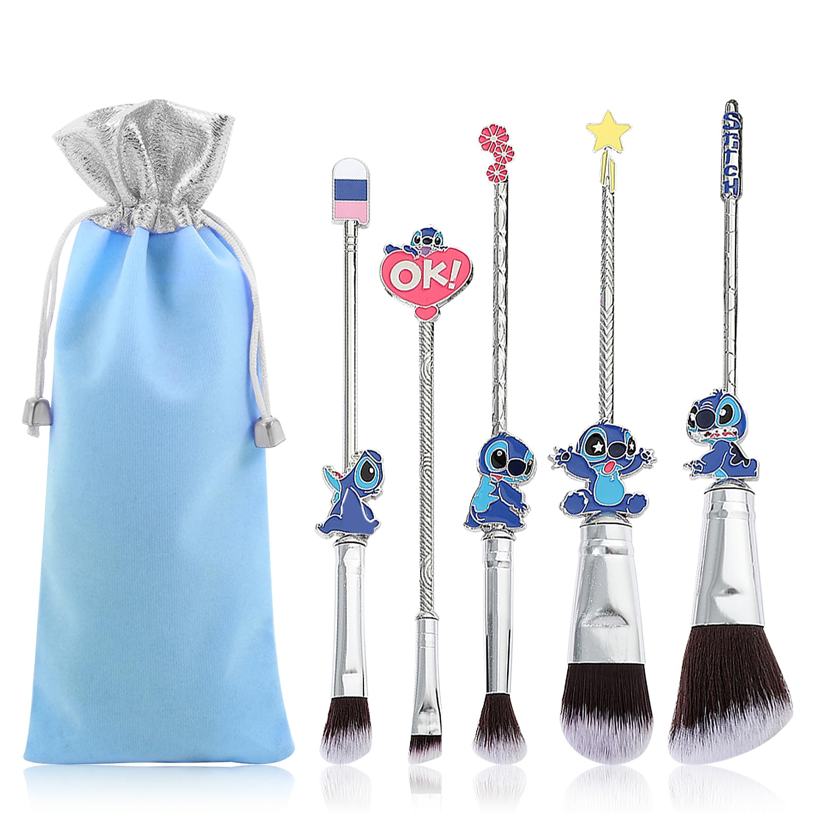 Set De Brochas De Maquillaje Wechip Anime Stich, 5 Unidades Con Funda Azul - Venta Internacional.