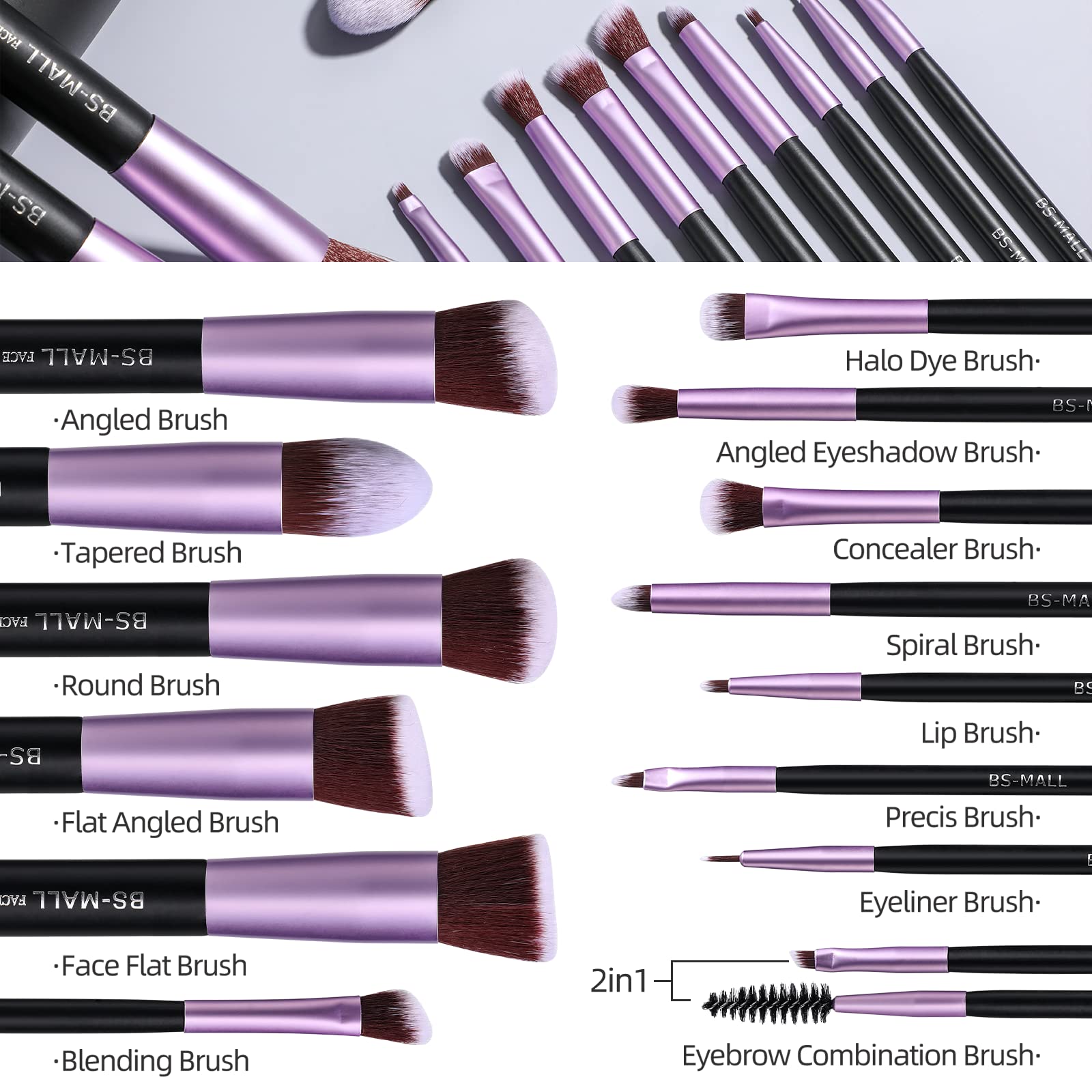 Foto 5 pulgar | Brochas De Maquillaje Bs-mall Premium Sintéticas, 14 Unidades, Color Morado - Venta Internacional.