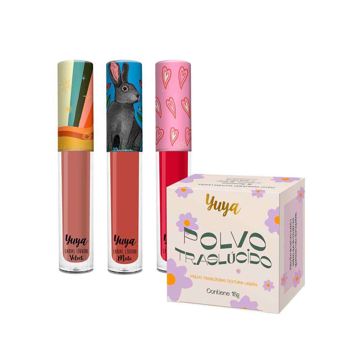 Set Polvo Traslúcido Yuya con Ingredientes Naturales + 3 Labiales Líquidos tonos Querido, Recuerdo, Quédate