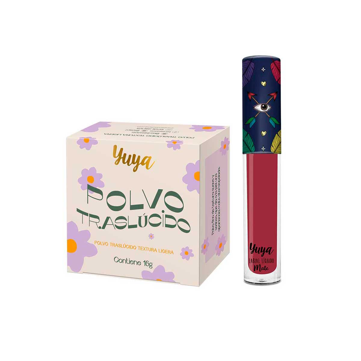 Set Polvo Traslúcido Yuya con Ingredientes Naturales + Labial Liquido Mate tono Feliz, Feliz