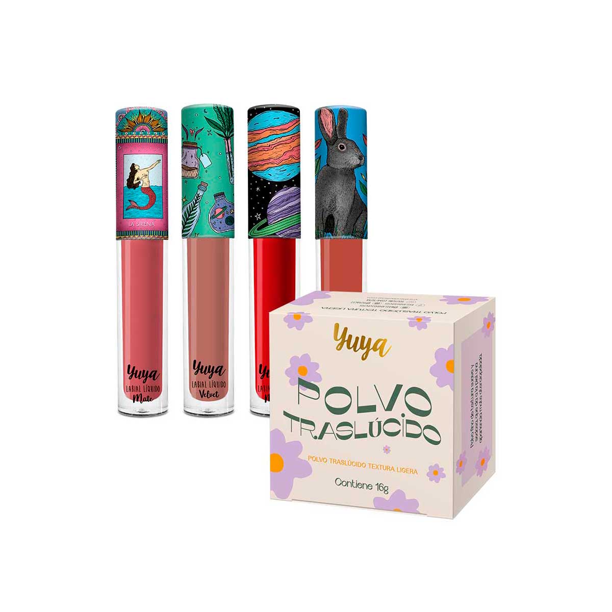 Foto 2 pulgar | Set Polvo Traslúcido Yuya con Ingredientes Naturales + 4 Labiales Líquidos Mate tonos Sirena, Te Quiero, Mi Amor, Qu