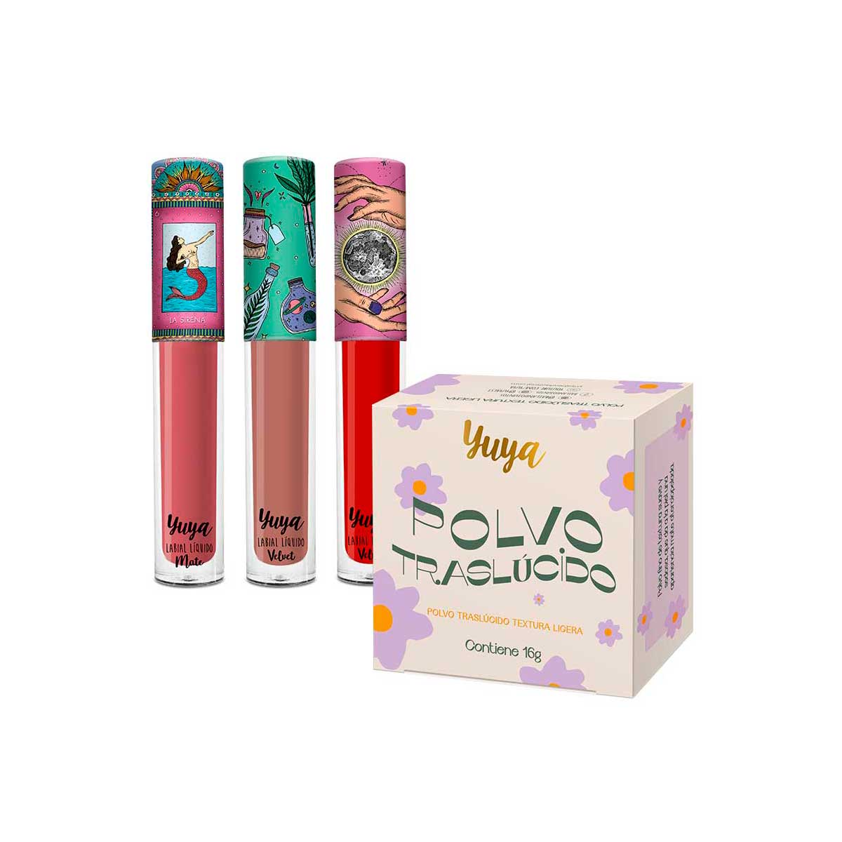 Set Polvo Traslúcido Yuya con Ingredientes Naturales + 3 Labiales Líquidos Mate tonos Sirena, Rame, Te Quiero