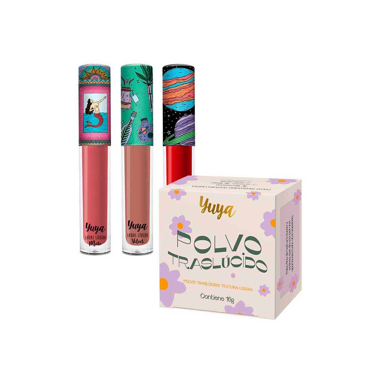 Foto 2 pulgar | Set Polvo Traslúcido Yuya con Ingredientes Naturales + 3 Labiales Líquidos tonos Sirena, Mi Amor, Te Quiero