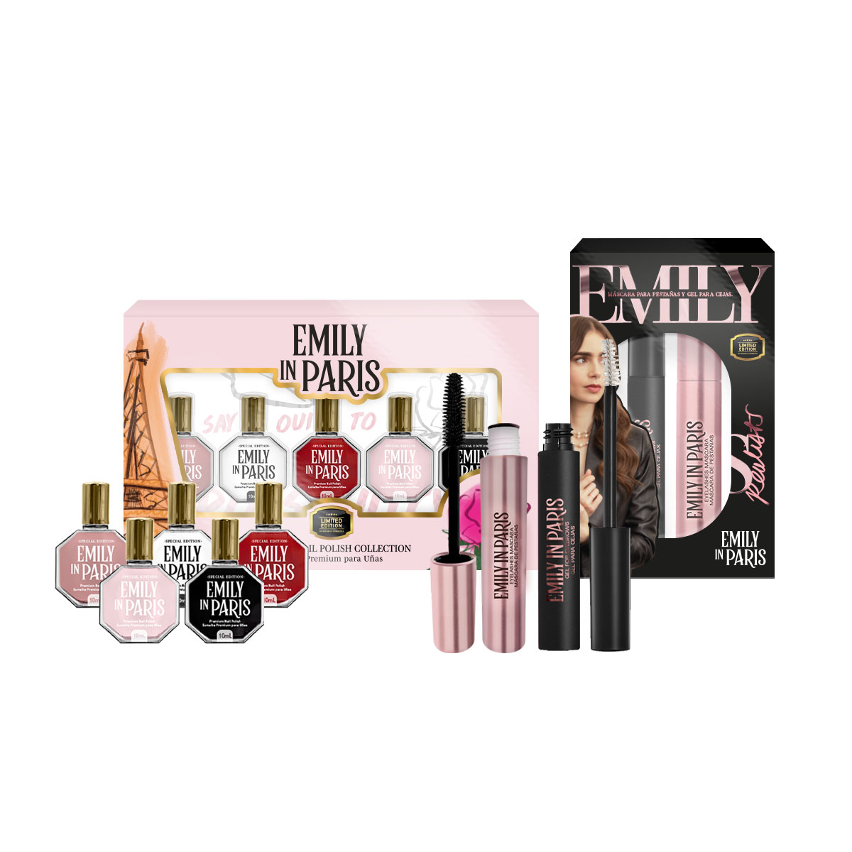 Set Máscara para Pestañas y Gel para Cejas +  5 Esmaltes Premium Para Uñas Emily in Paris