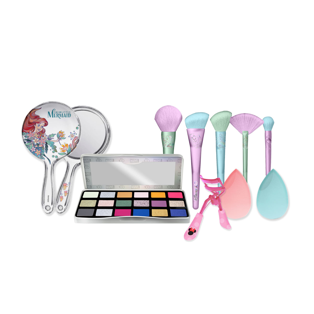 Sombras Marvel + Brochas de Maquillaje Holographic+ Espejo Ariel + Esponjas Ariel + Enchinador Disney DiVarRos3469