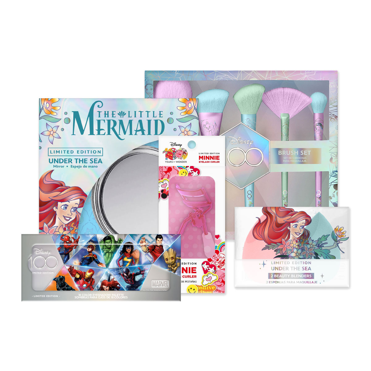 Foto 2 | Sombras Marvel + Brochas de Maquillaje Holographic+ Espejo Ariel + Esponjas Ariel + Enchinador Disney DiVarRos3469