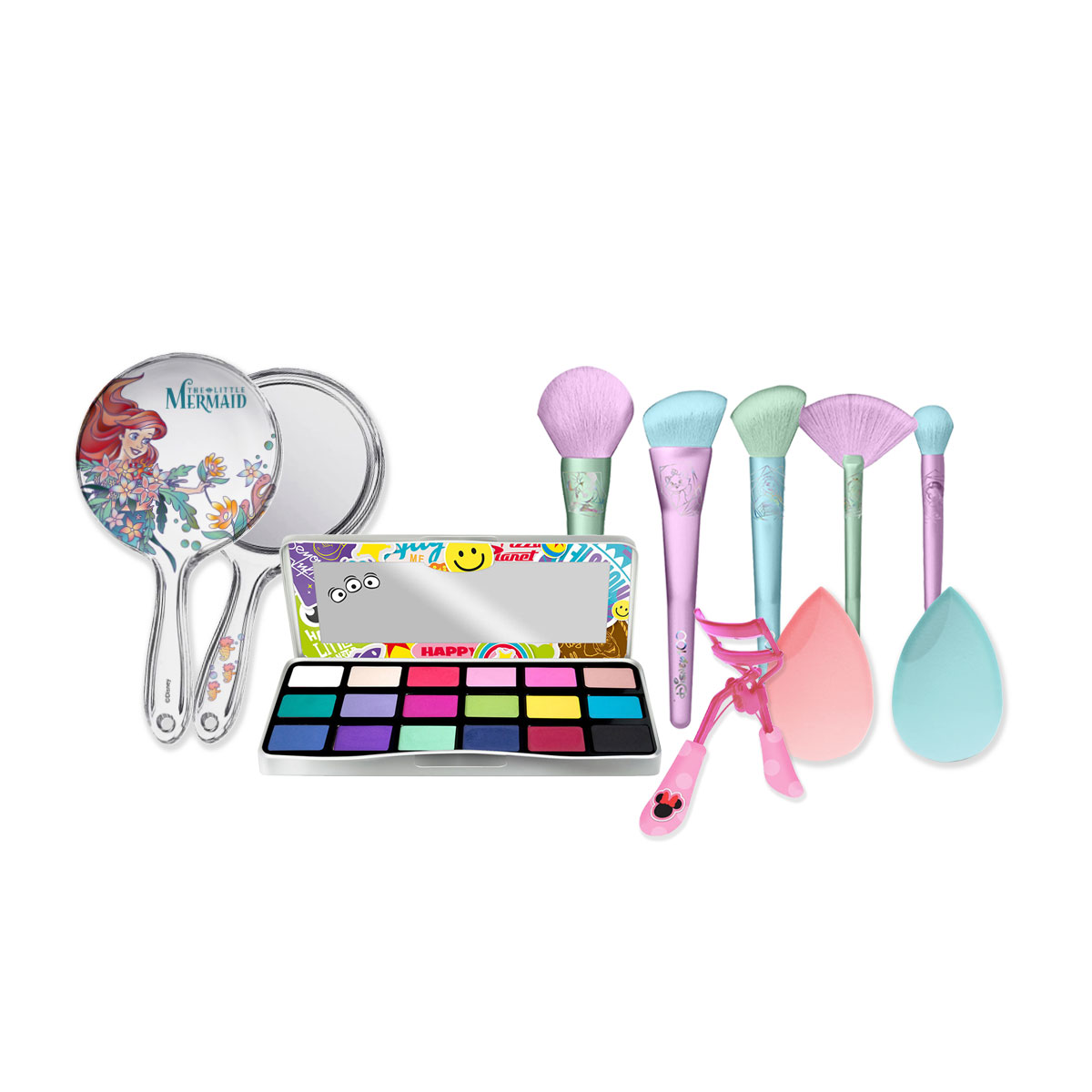 Set Sombras Happy Faces + Brochas Holographic + Espejo Ariel + Esponjas Ariel + Enchinador Disney DiVarRos3537